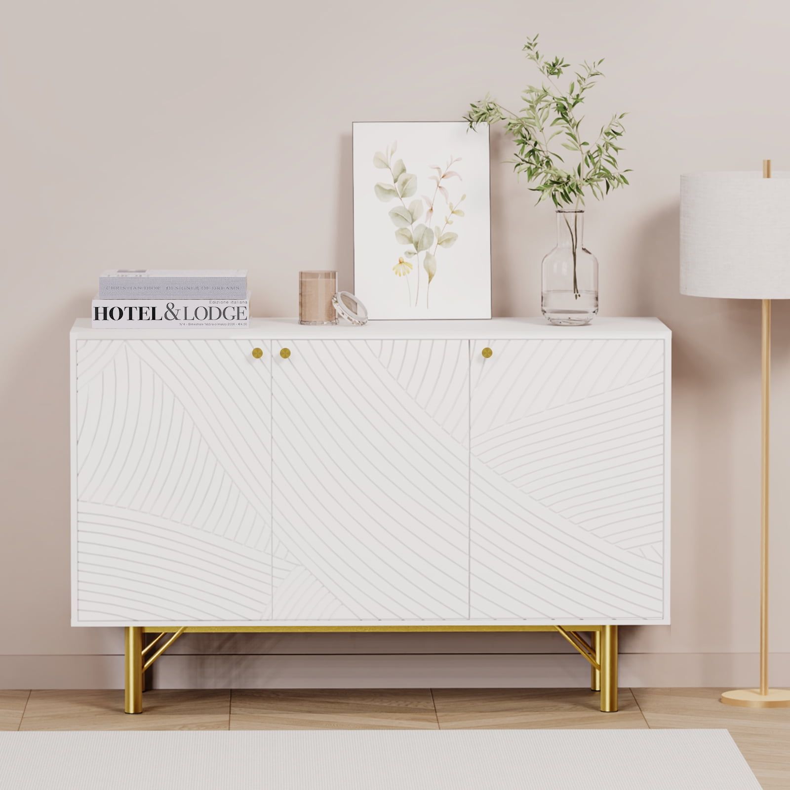 White and Gold 3-Door MDF Sideboard Buffet Cabinet