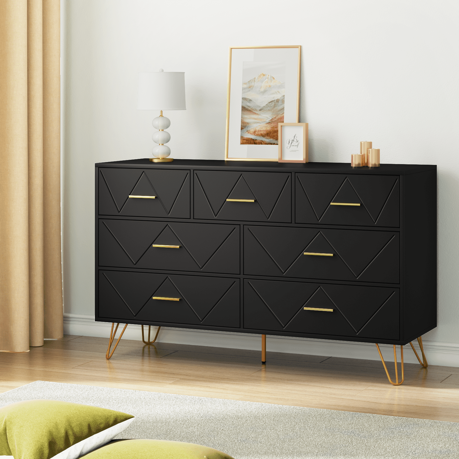 Black Vertical Dresser with Gold Handles and Legs