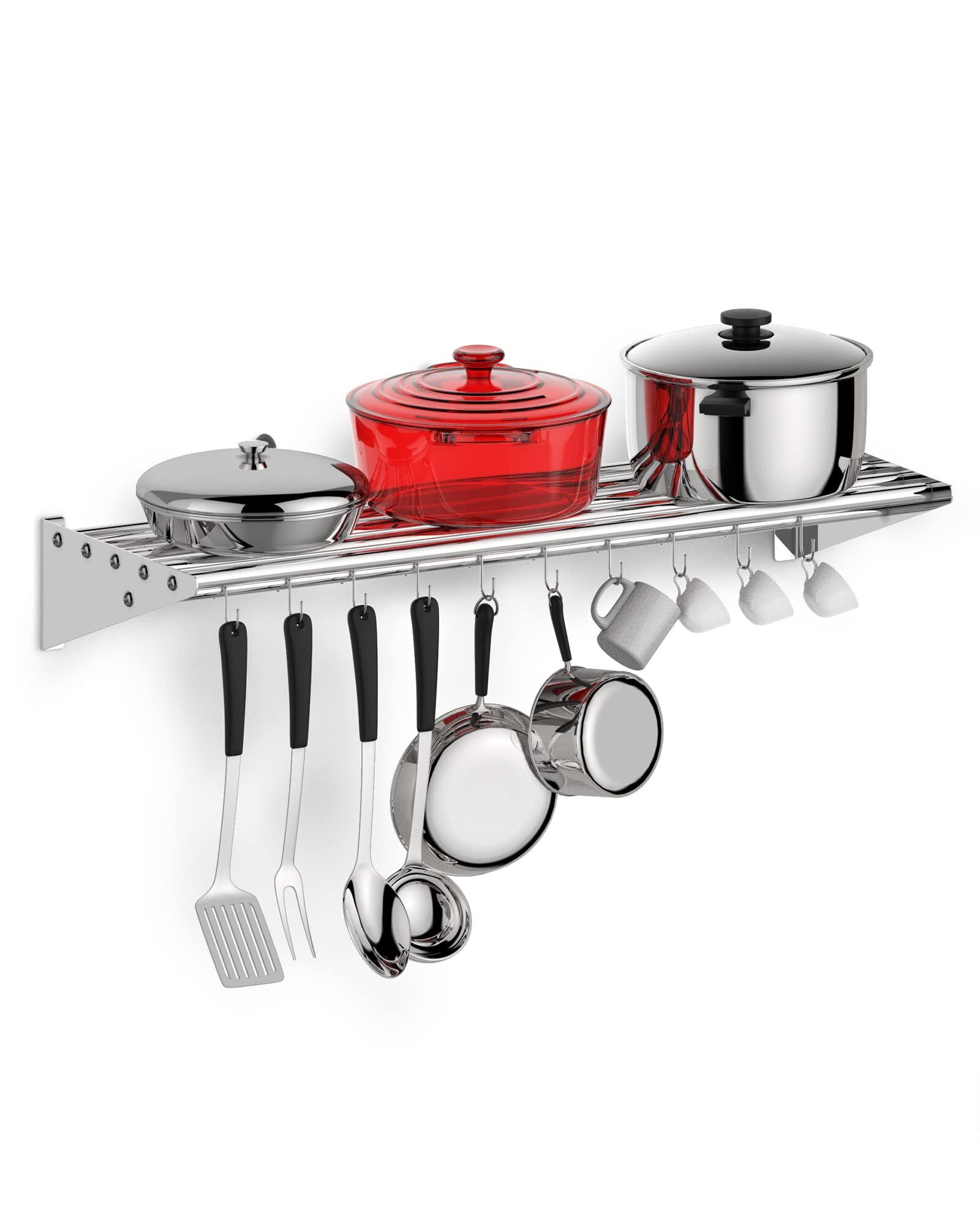 Stainless Steel Wall Mount Kitchen Shelf with Hooks