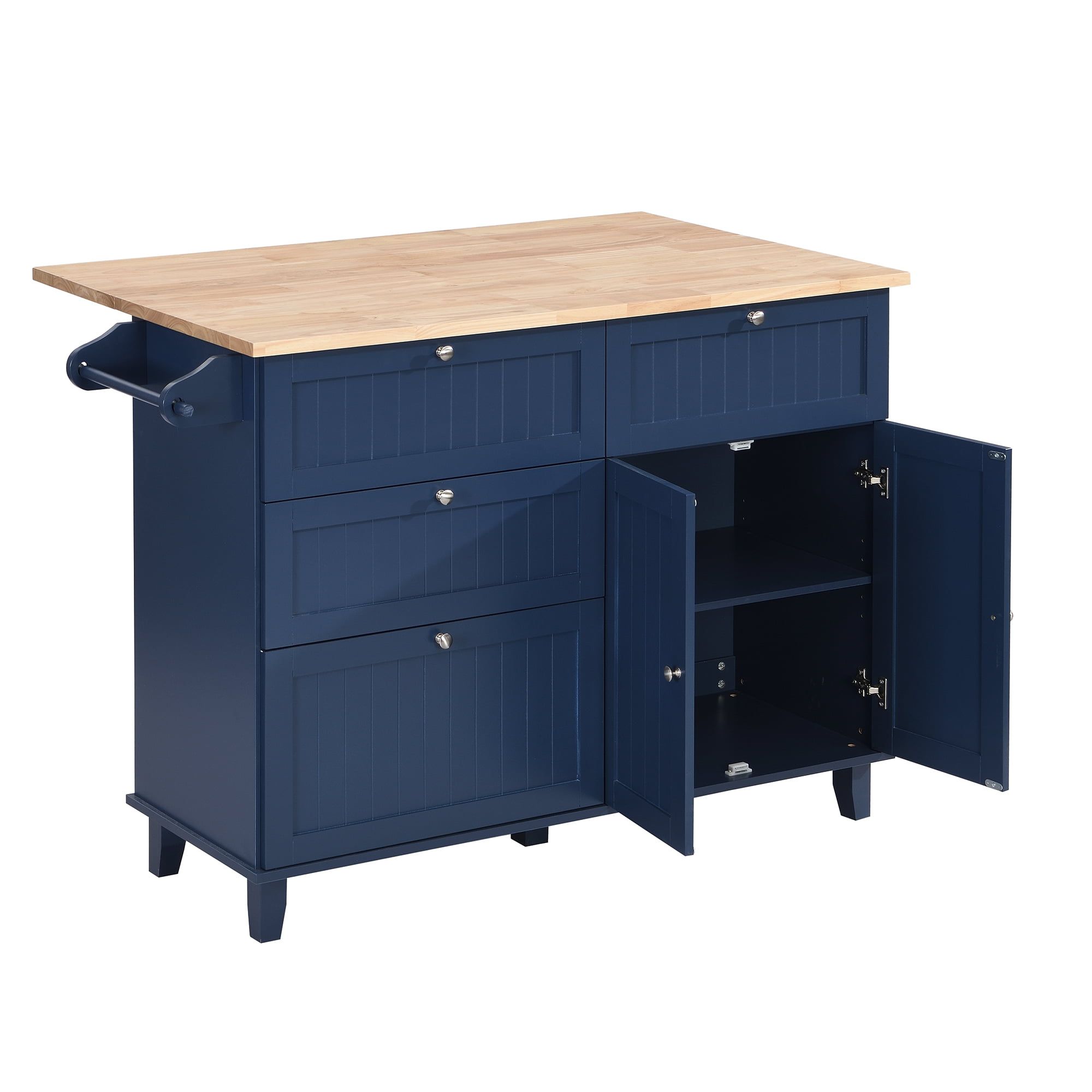 Blue Solid Wood Kitchen Island with Drawers and Storage Cabinet