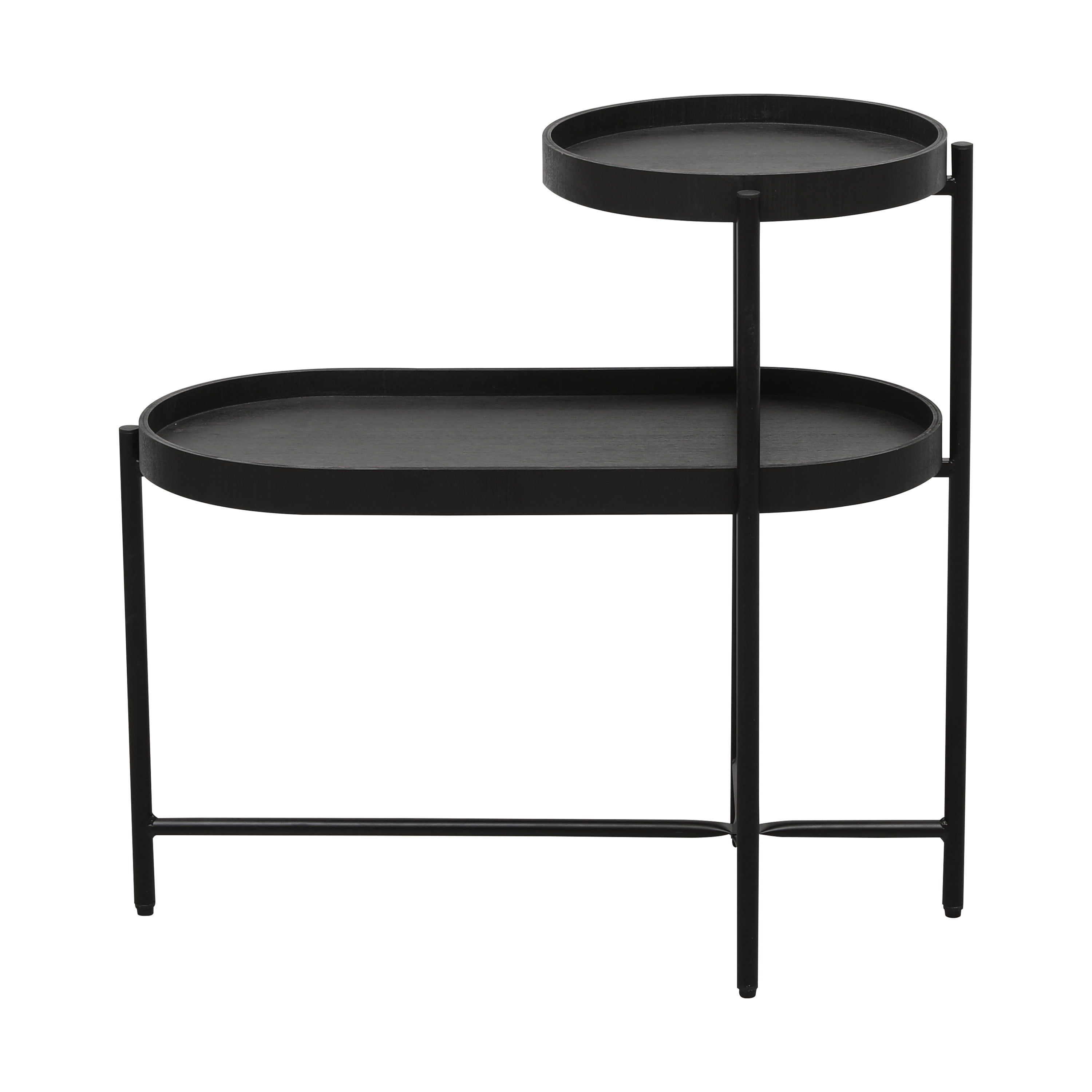 Black Metal and Wood 2-Tier Side Table with Open Shelves