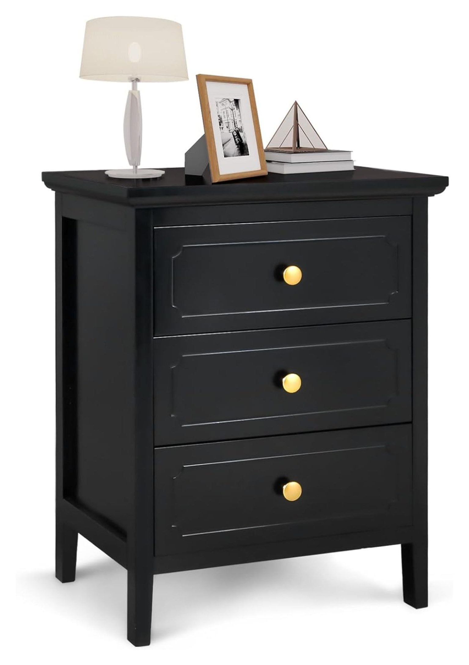 Black MDF 3-Drawer Nightstand with Gold Knobs