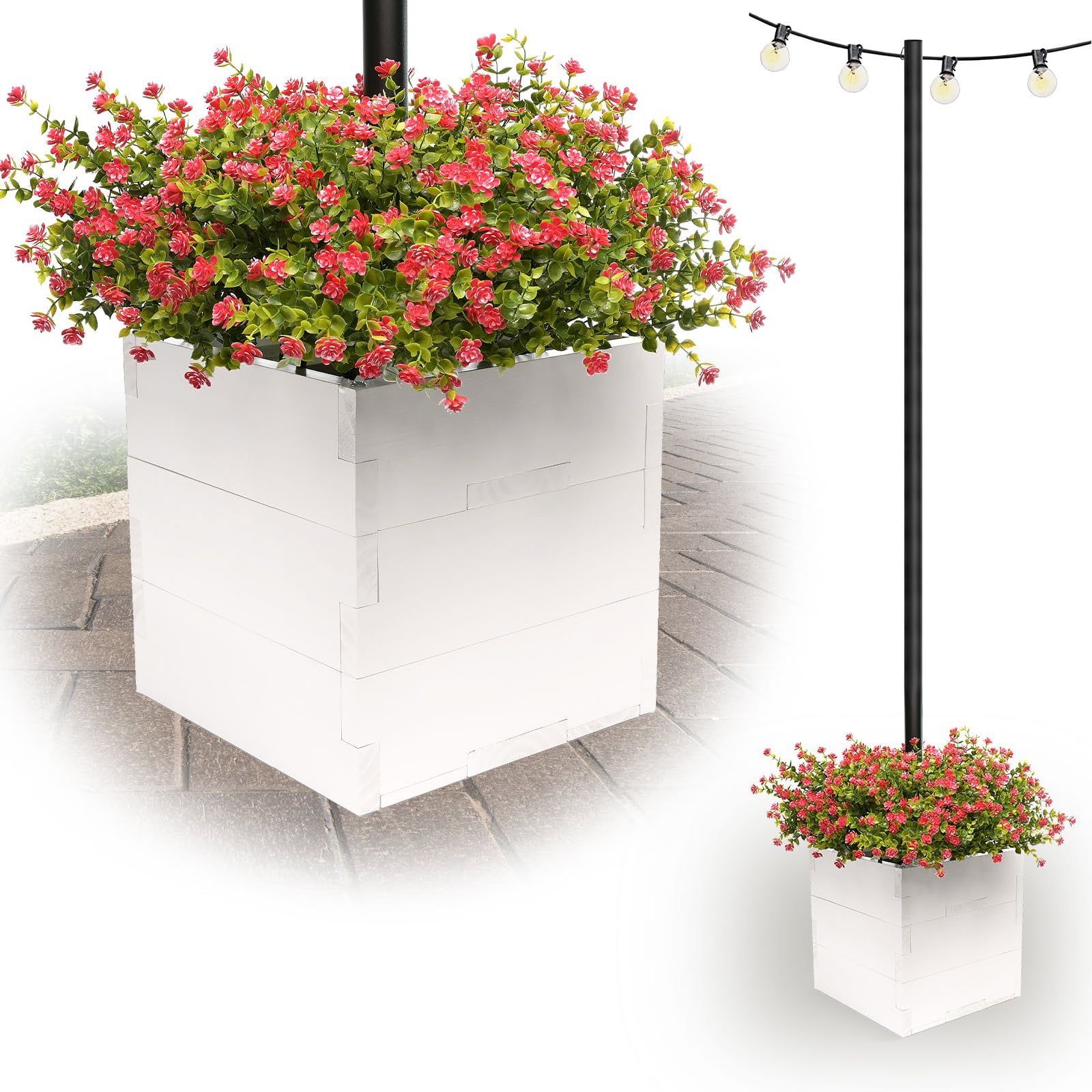 Large White Wooden Outdoor Planter Box with Pole Support