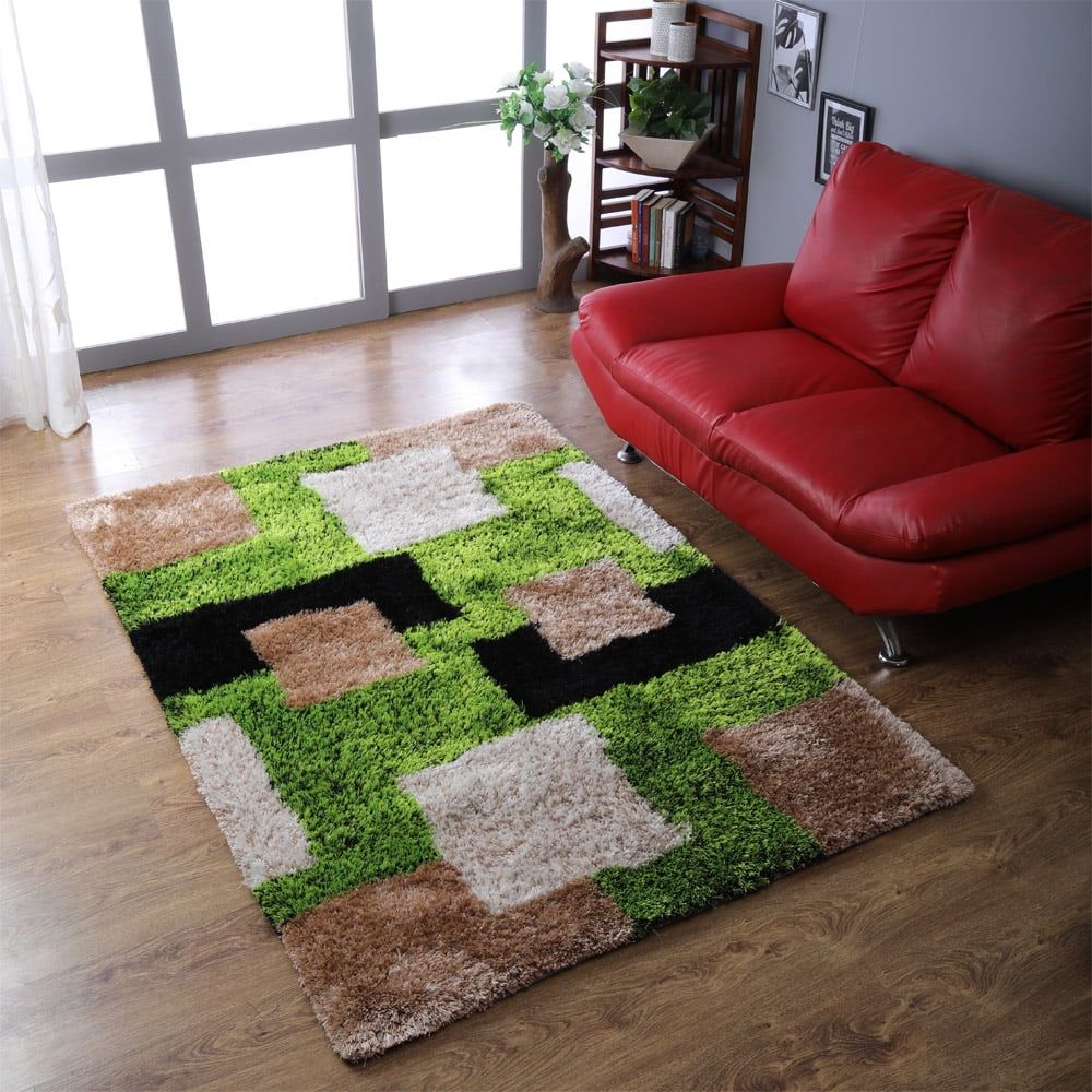 Green Beige Geometric Shag 5'x8' Polyester Area Rug