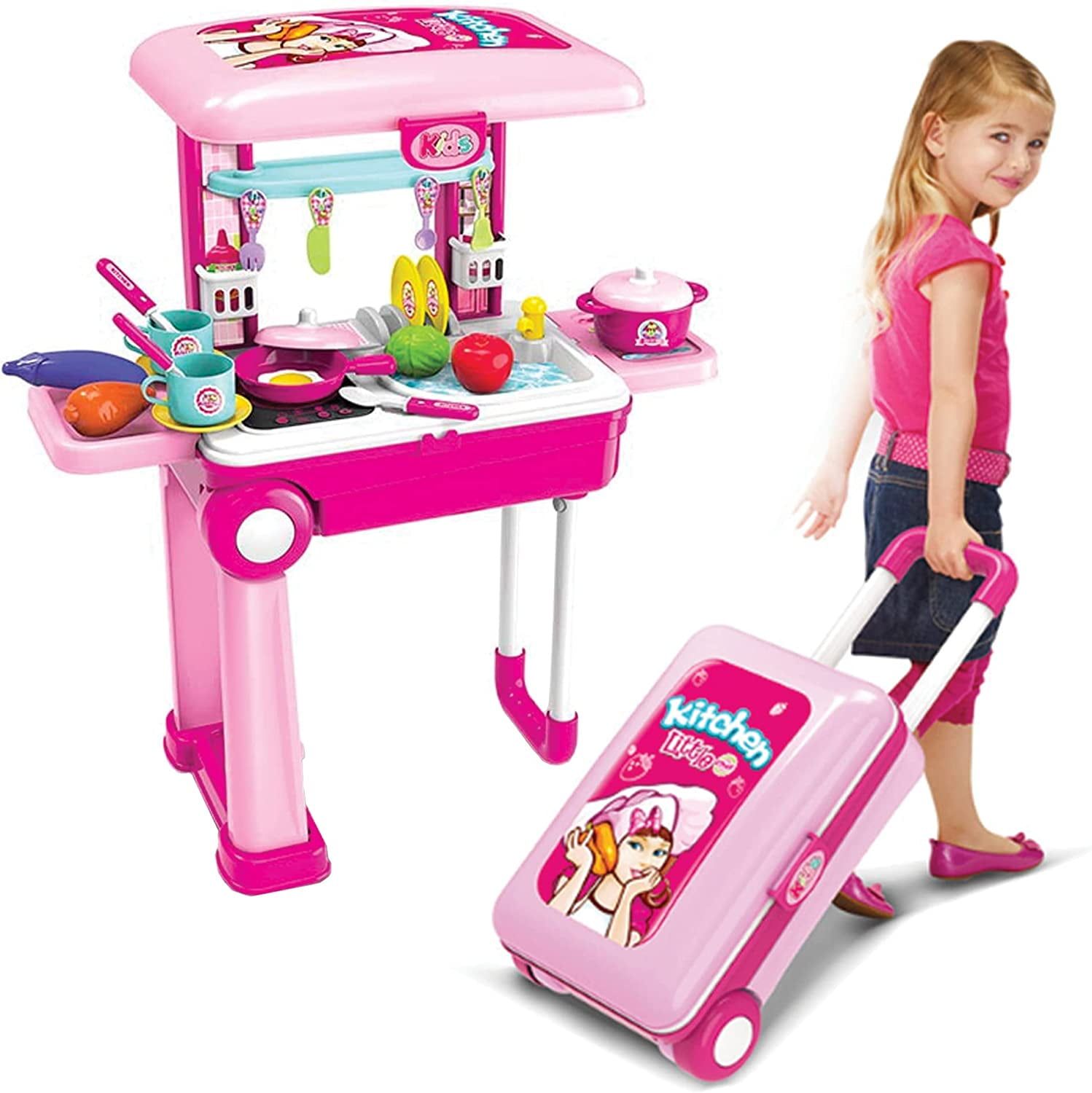 Pink 2-in-1 Kids Kitchen Playset with Travel Suitcase