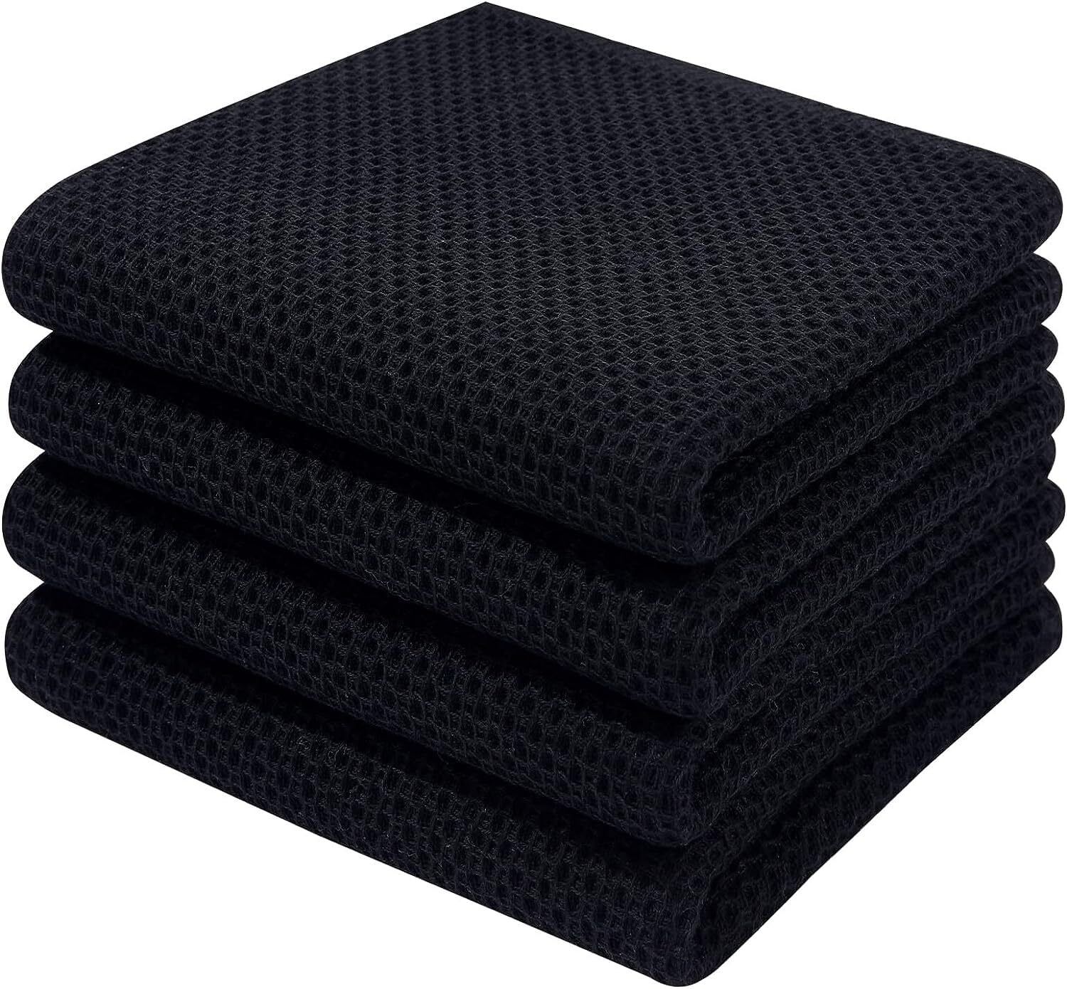 Black Cotton Waffle Weave Kitchen Dish Towels, 13x28 Inches, 4-Pack