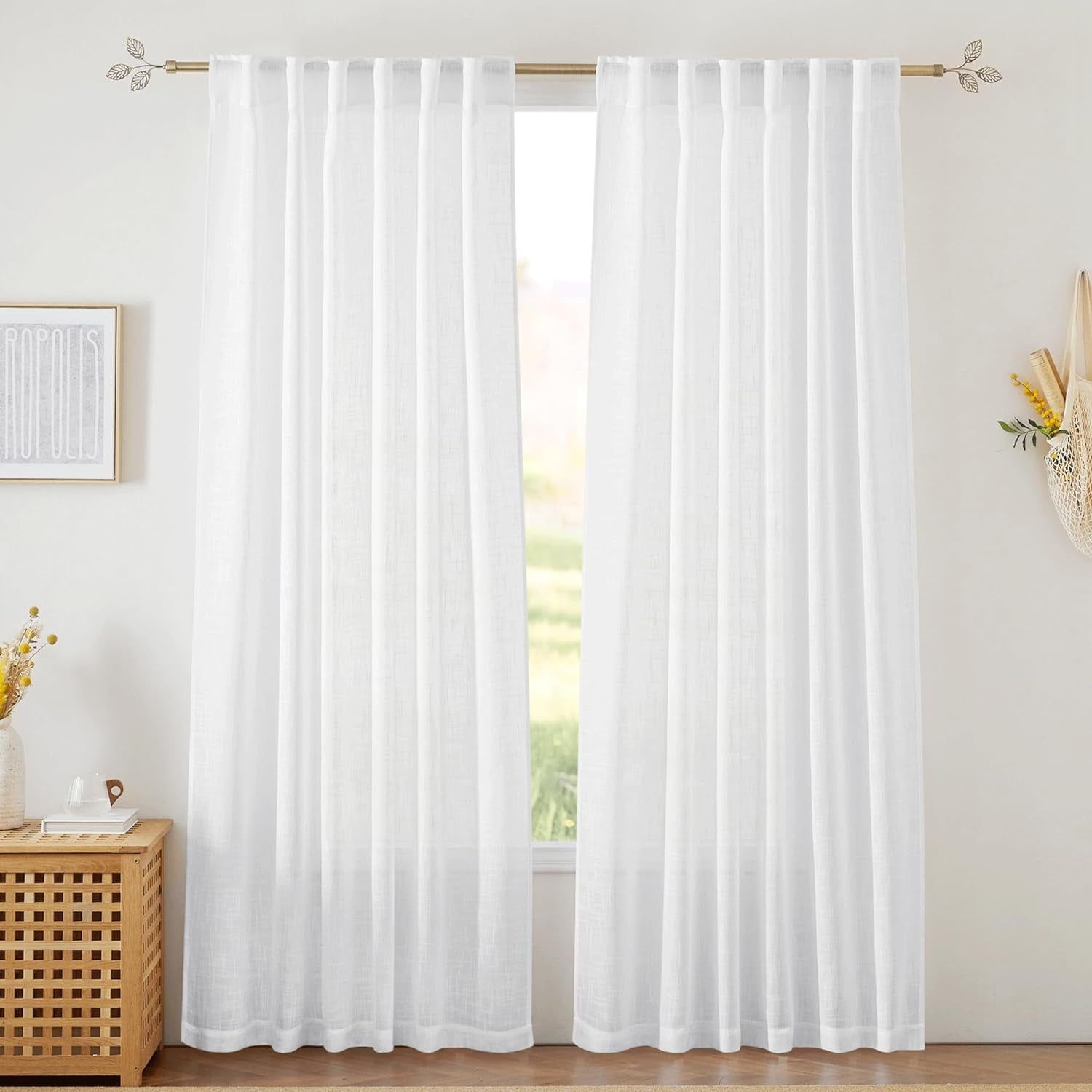 White Linen Texture Semi-Sheer Back Tab Window Panels