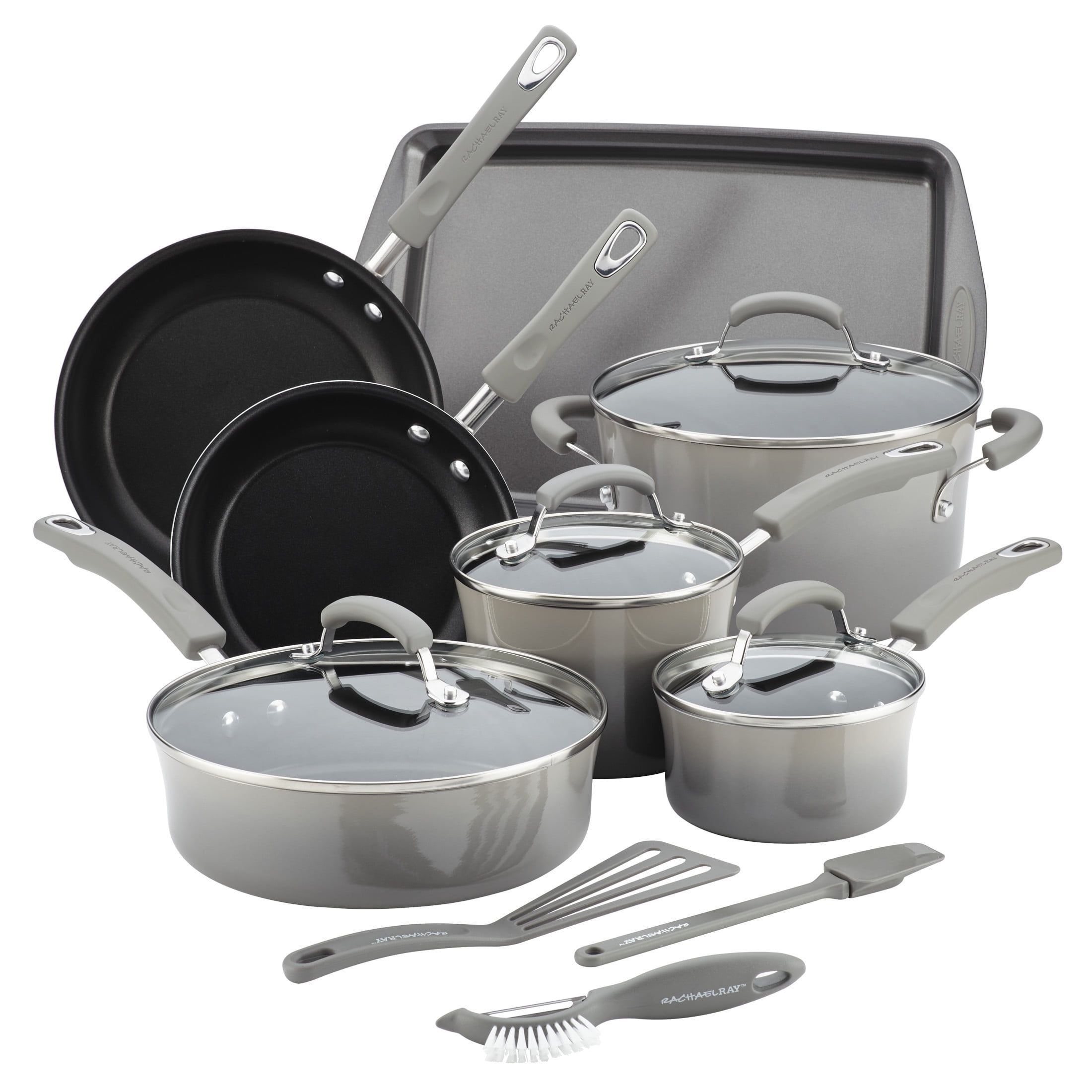 Gray 14-Piece Nonstick Aluminum Cookware Set with Silicone Handles