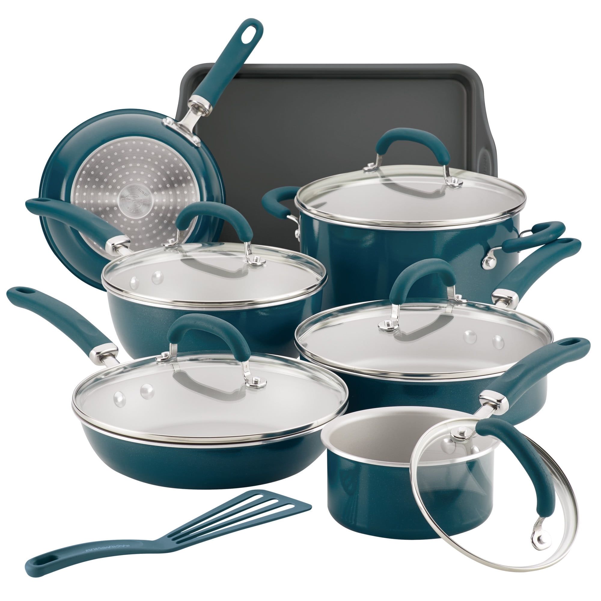 Teal Shimmer 13-Piece Aluminum Nonstick Cookware Set with Stainless Steel Handles