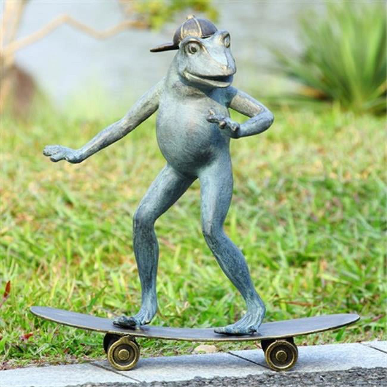 Antique Aluminum Skateboarding Frog Garden Statue