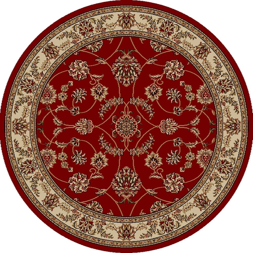 Red and Beige Round 8' Synthetic Oriental Area Rug