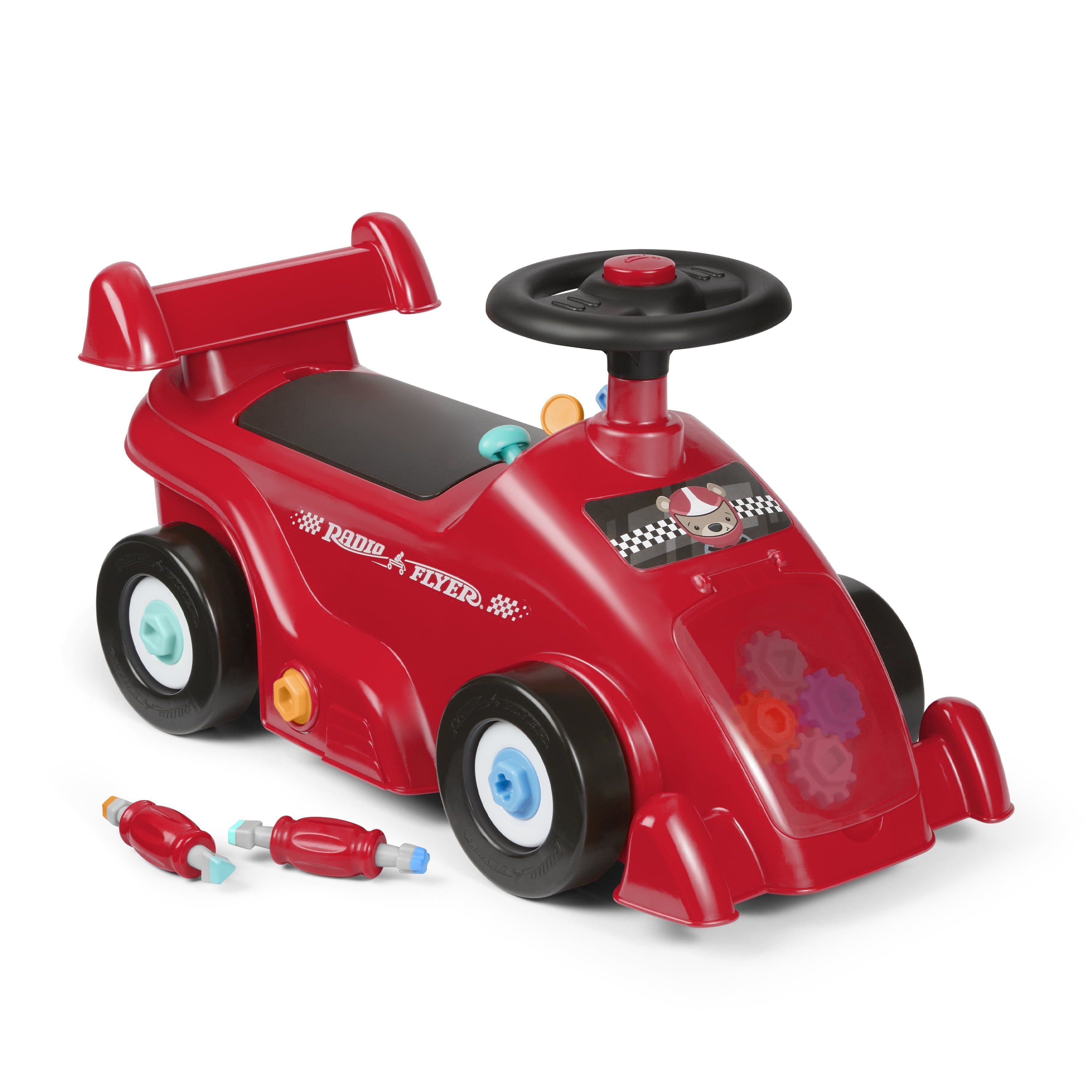 Red Plastic Ride-On Racecar with Tools for Toddlers