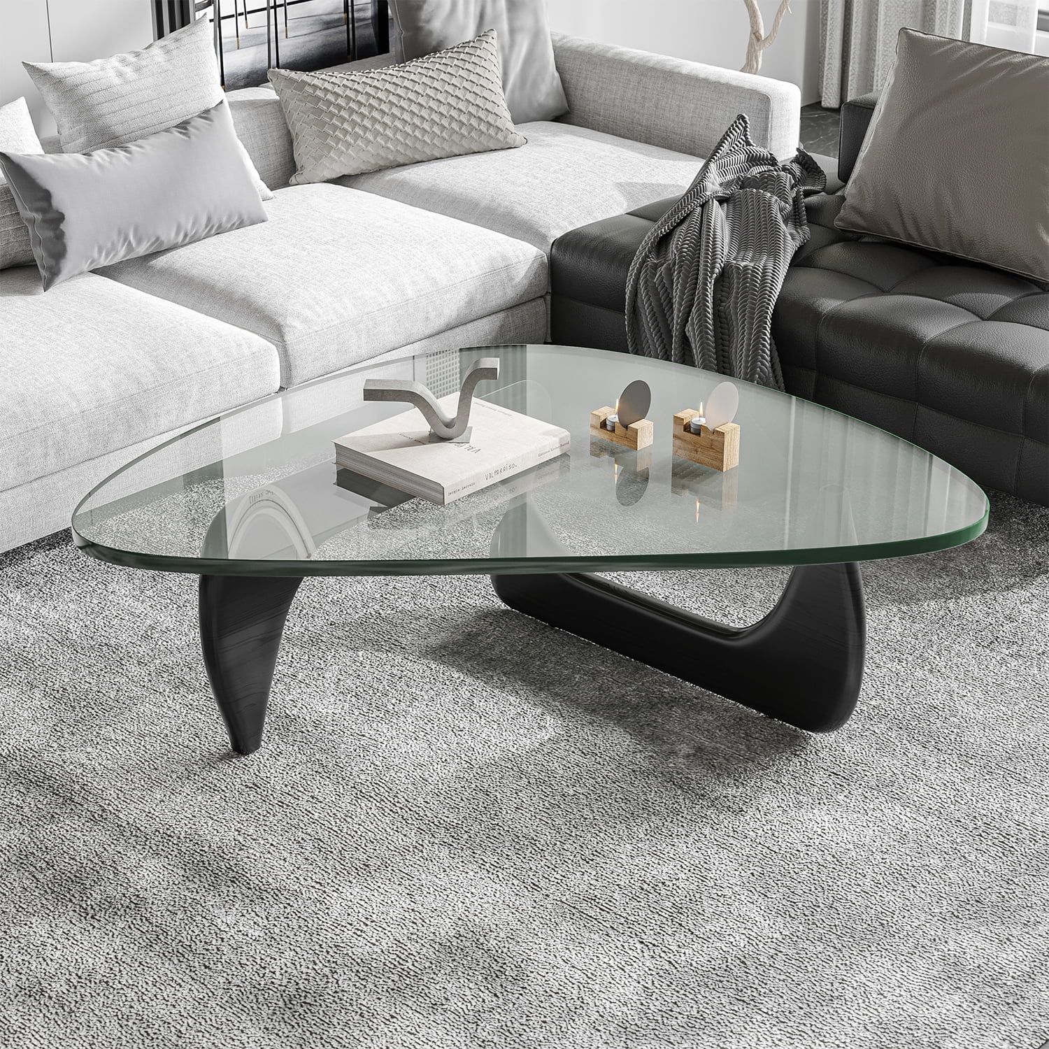 Elegant Black Triangle Glass Coffee Table with Solid Wood Base