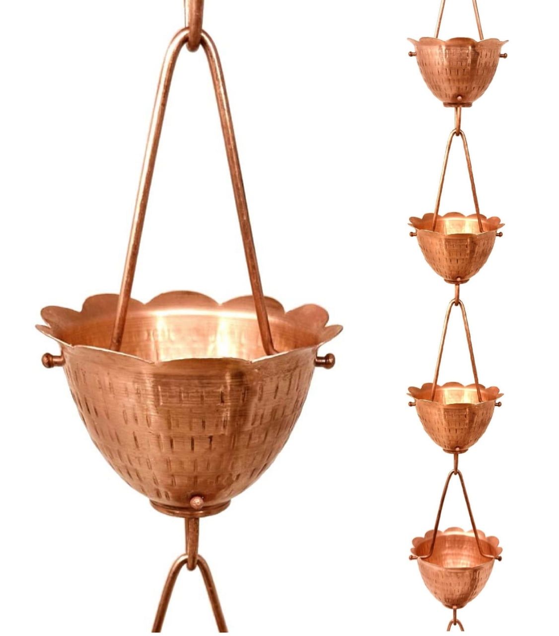 8.5 ft Copper Scalloped Rain Chain with Luca Cups