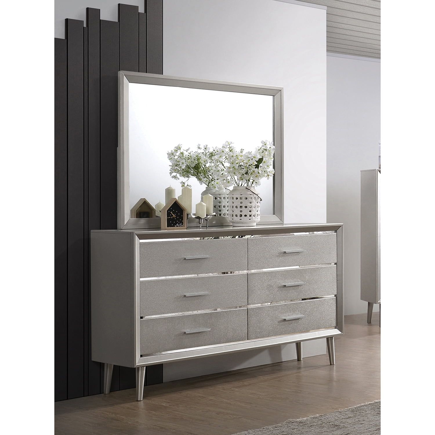 Transitional Silver Rectangular Wood Dresser Mirror