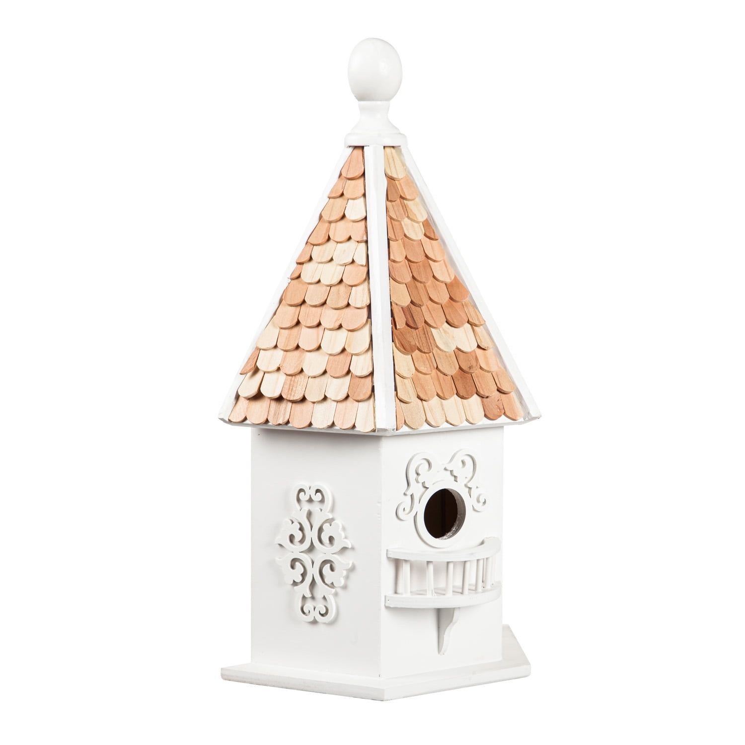 White and Natural Plywood Rapunzel Birdhouse with Shingled Roof