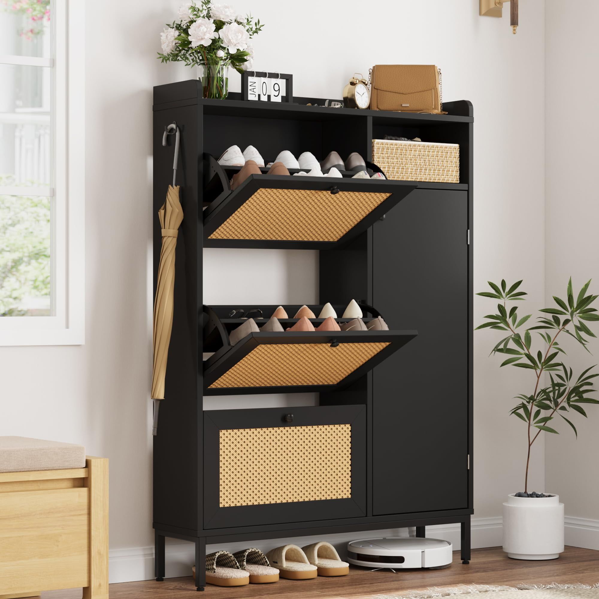 Black Rattan Shoe Storage Cabinet with Adjustable Shelves