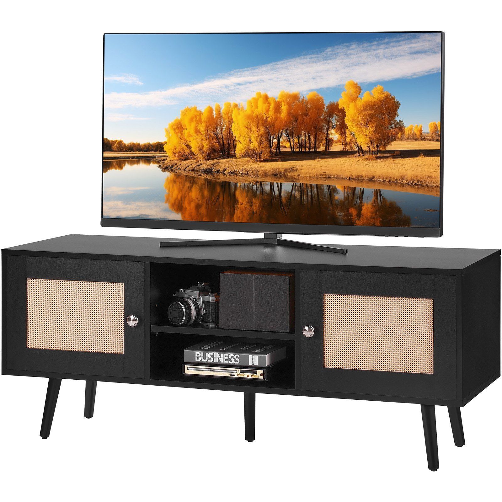 Black Rattan and Wood TV Stand with Adjustable Shelves