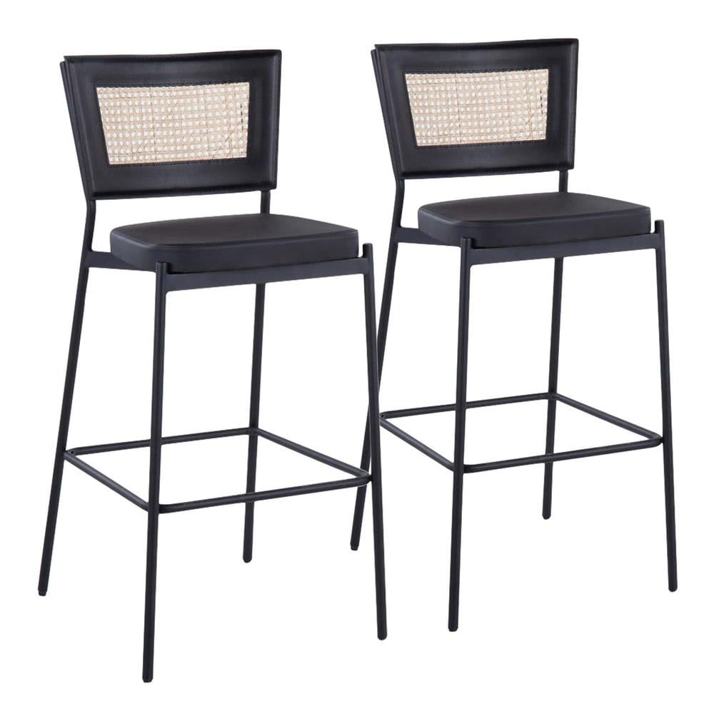Contemporary Black Metal and Faux Leather Bar Stool with Rattan Accent