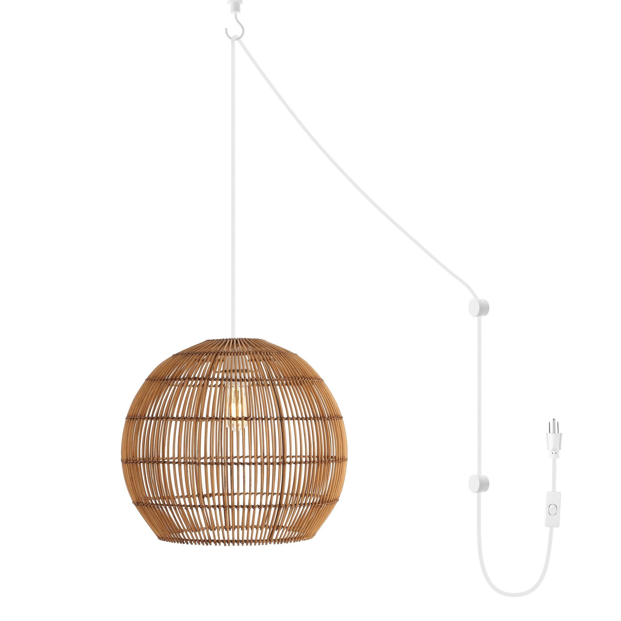 Raya Bohemian Globe LED Pendant with Adjustable Rattan Shade, Brown