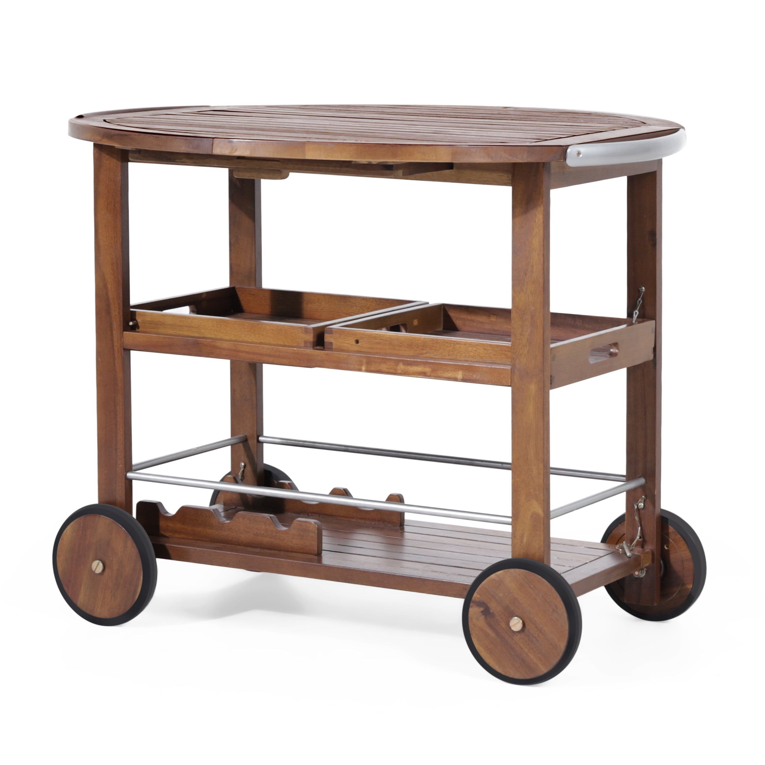 Acacia Wood Oval Drop Leaf Bar Cart with Storage and Wine Rack