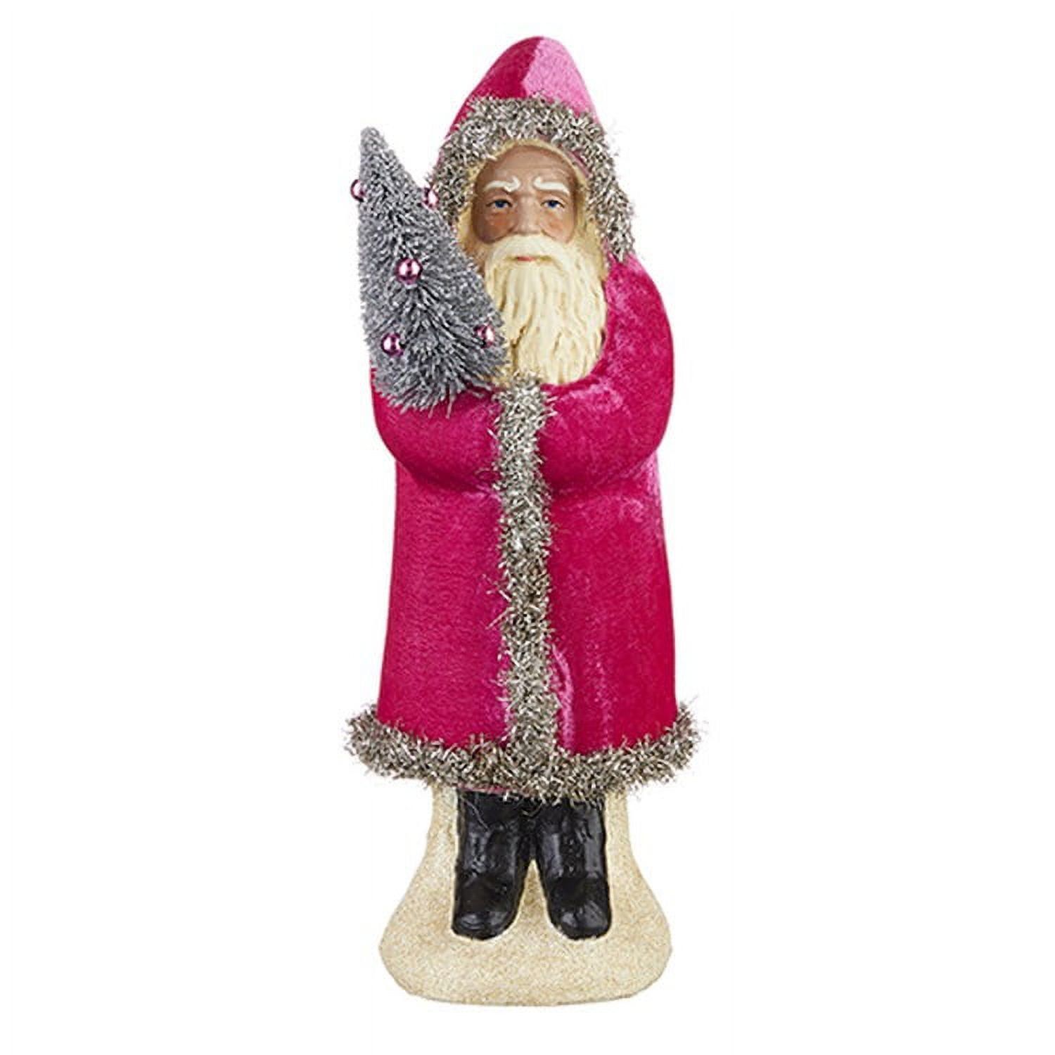 12" Pink Velvet Santa Figurine with Tinsel Trim