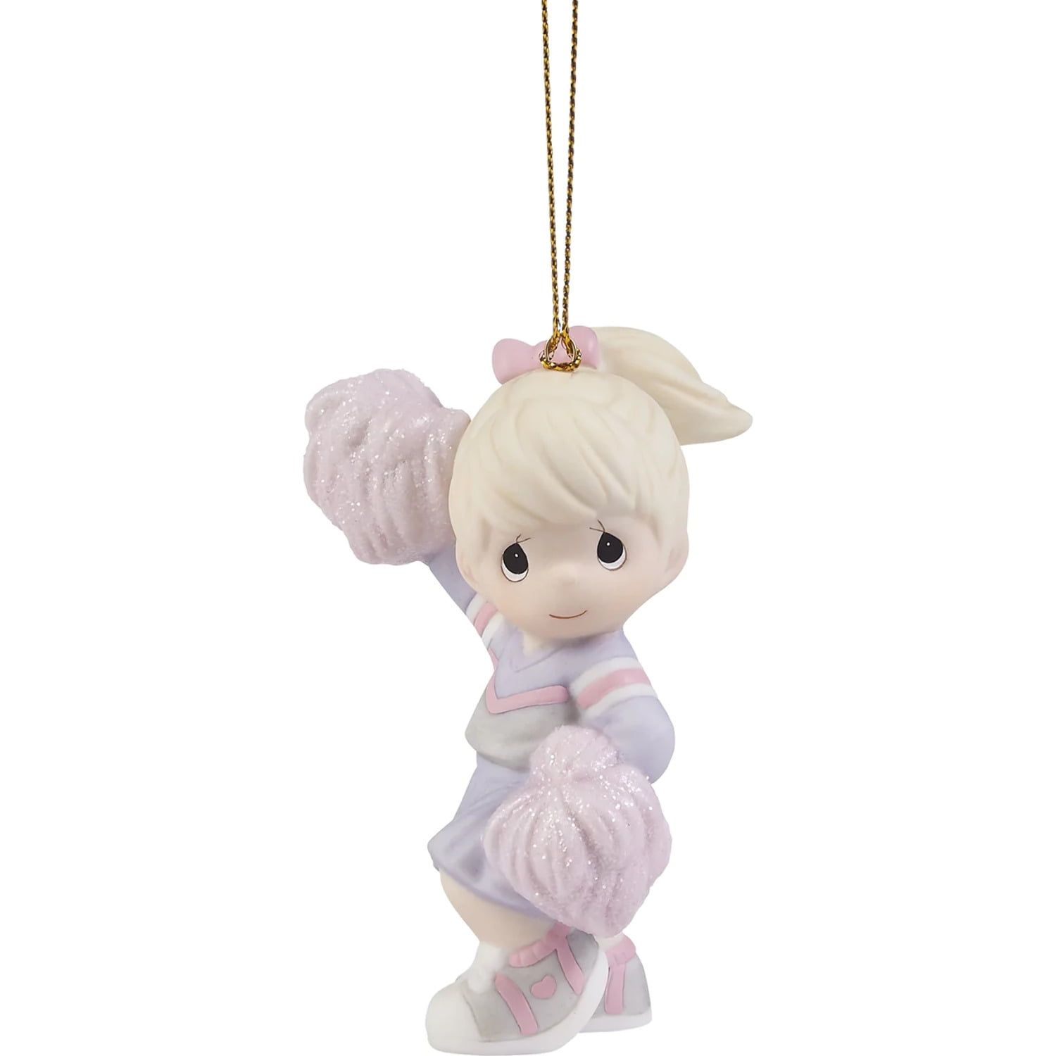 Blonde Cheerleader Porcelain Ornament with Pink Pom-Poms