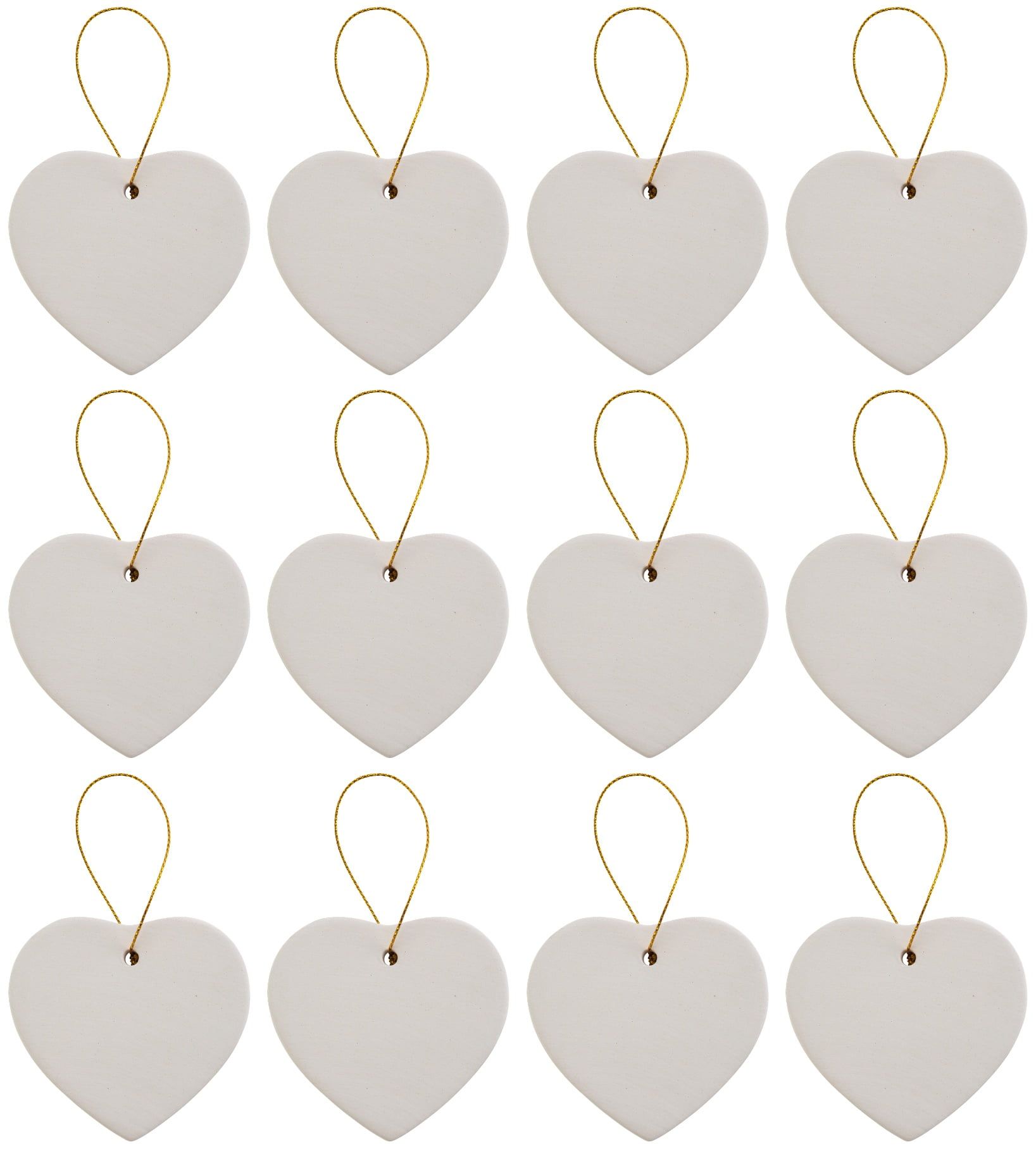 DIY Ceramic Bisque Heart Ornaments with Gold Hanger, 12 Pack