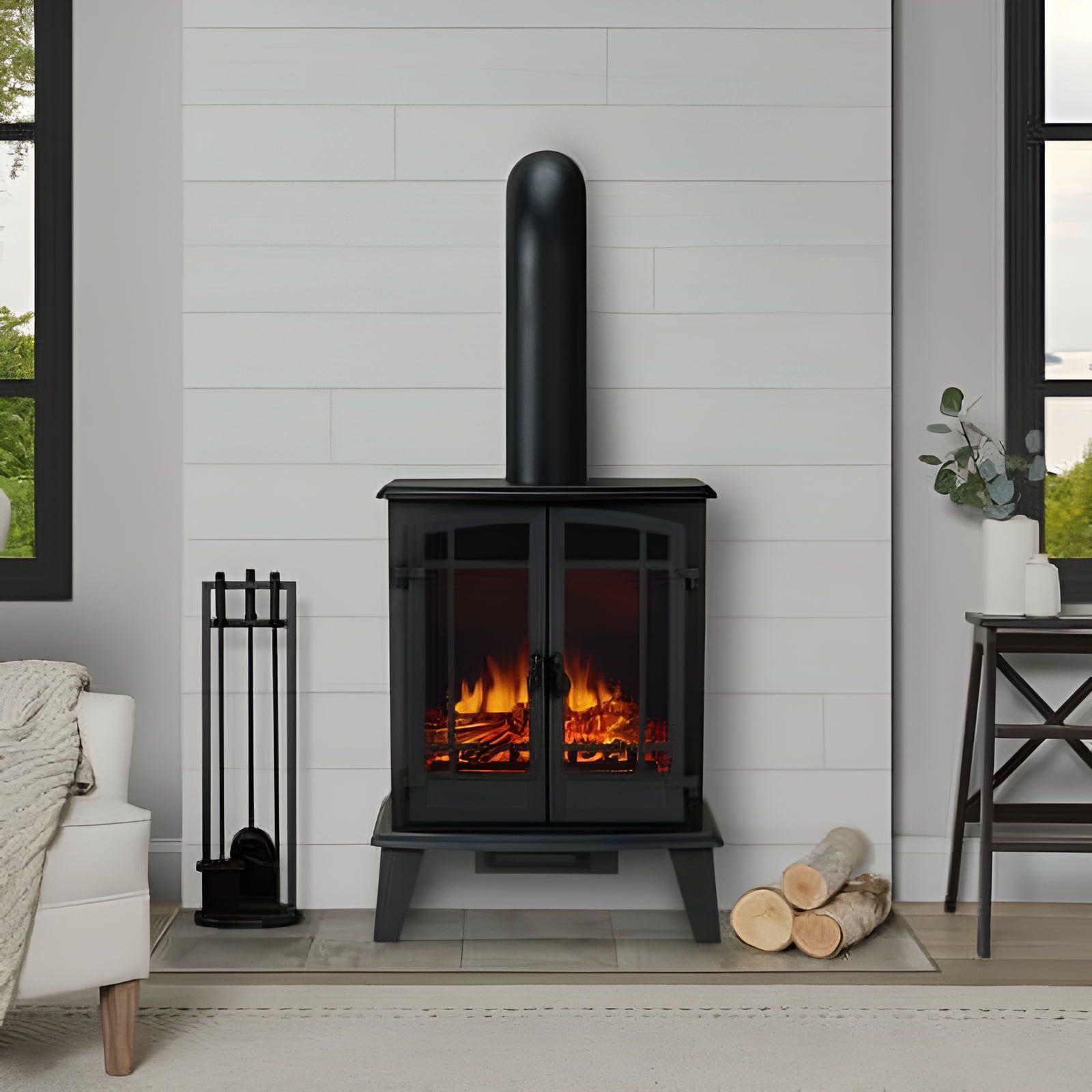 Foster Black Metal Free-Standing Electric Fireplace with Mantel