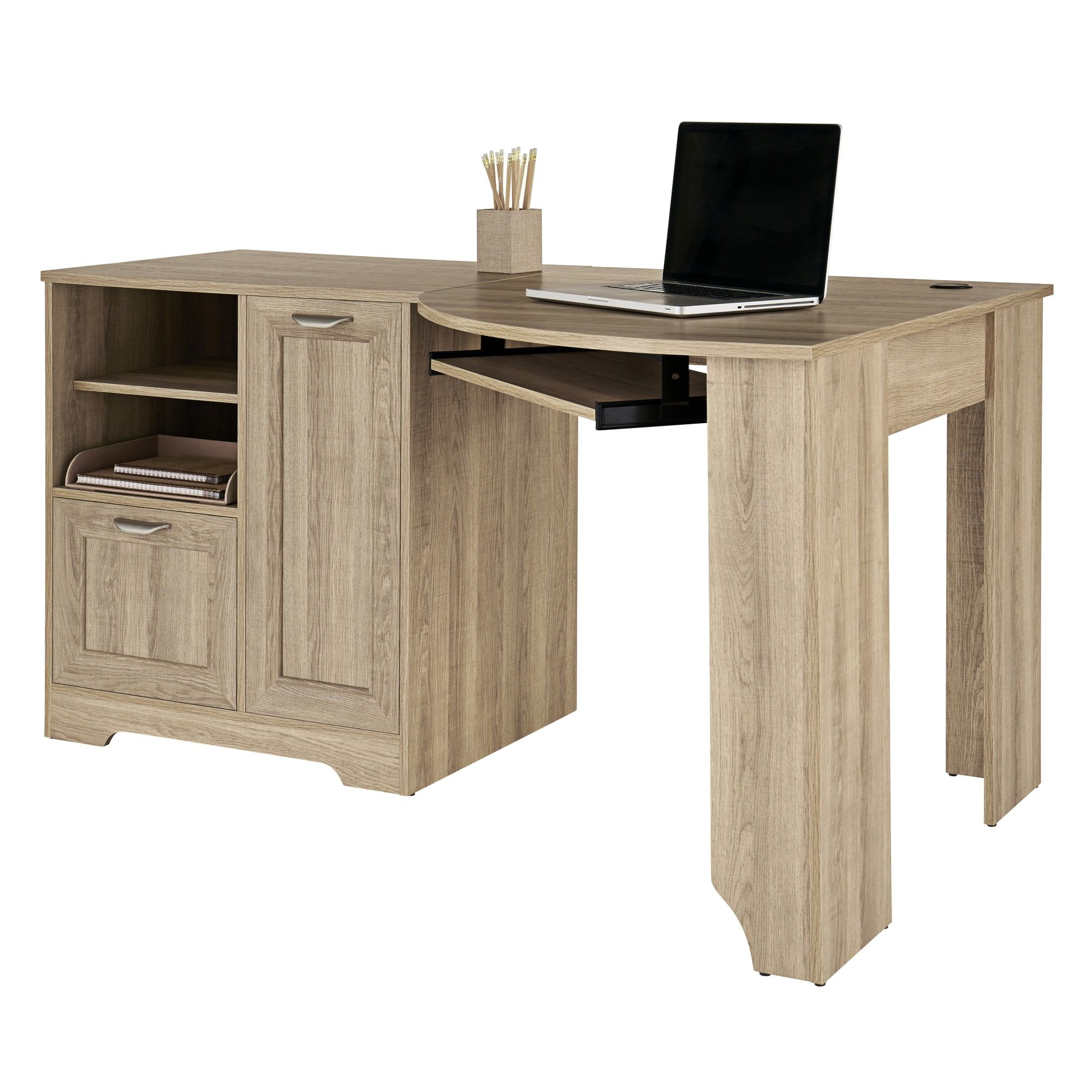 Blonde Ash Corner Desk with Drawer and Keyboard Tray