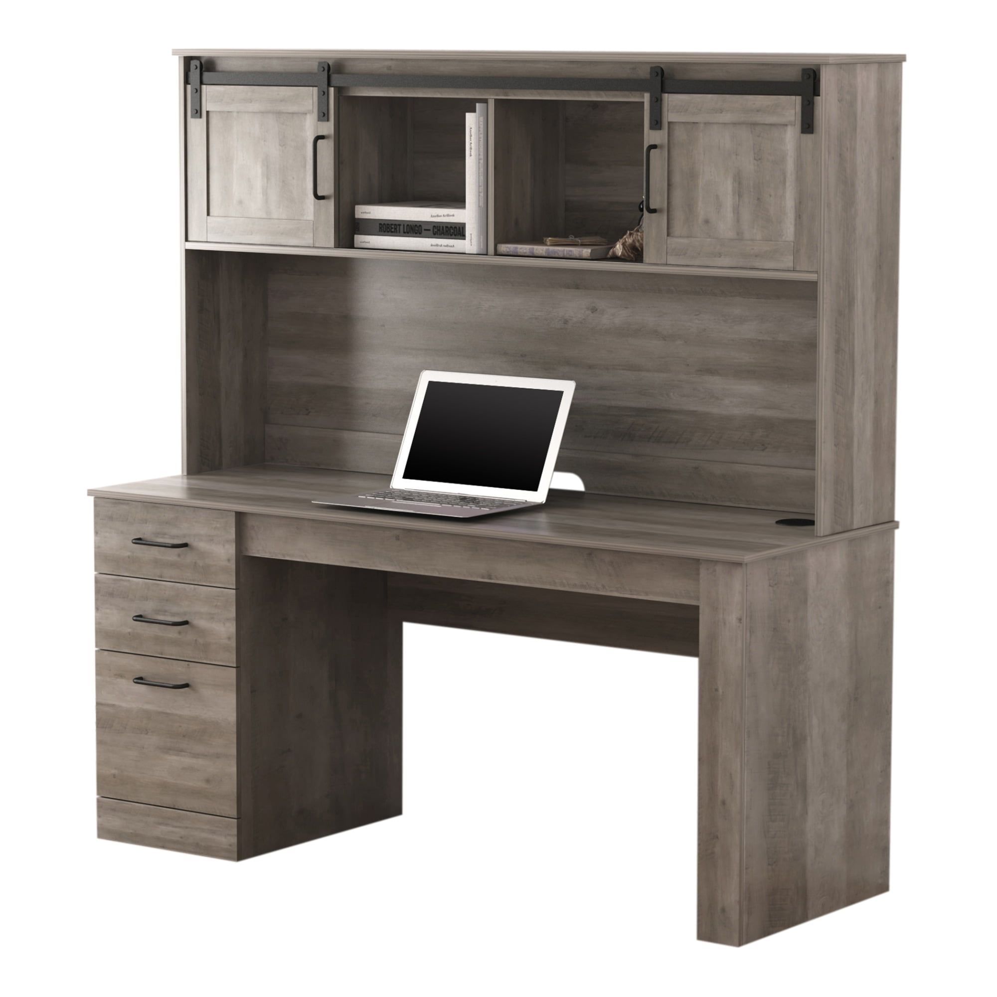 Smoky Brown Wood Computer Desk with Hutch and Wireless Charging