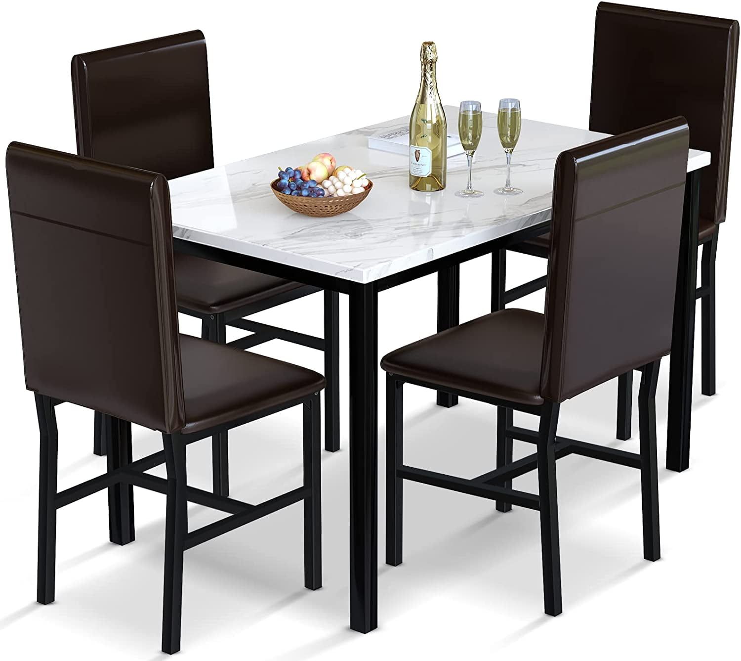 Modern Black Metal Dining Set with Faux Marble Tabletop and PU Leather Chairs