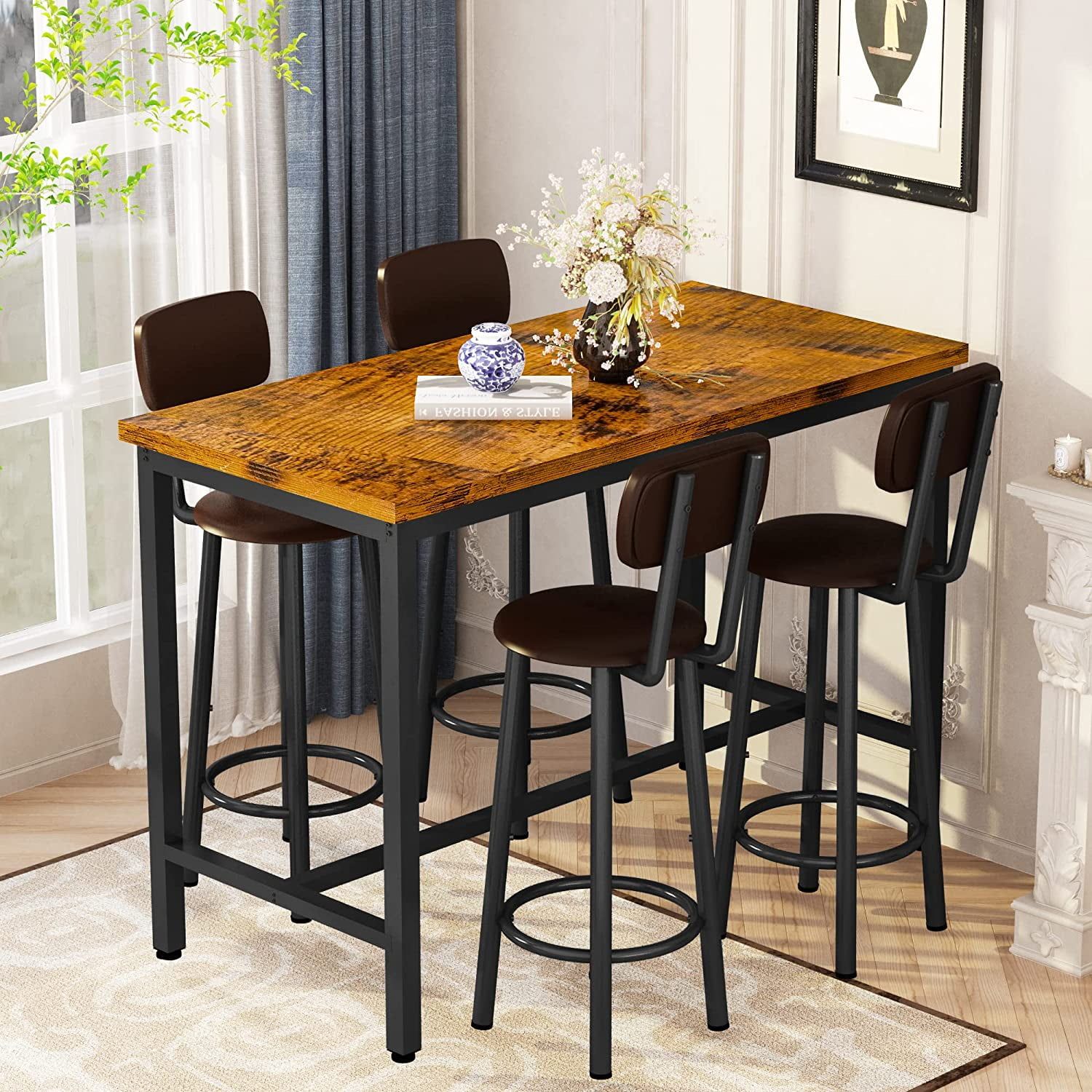 Rustic Brown Industrial Pub Table Set with 4 PU Upholstered Stools