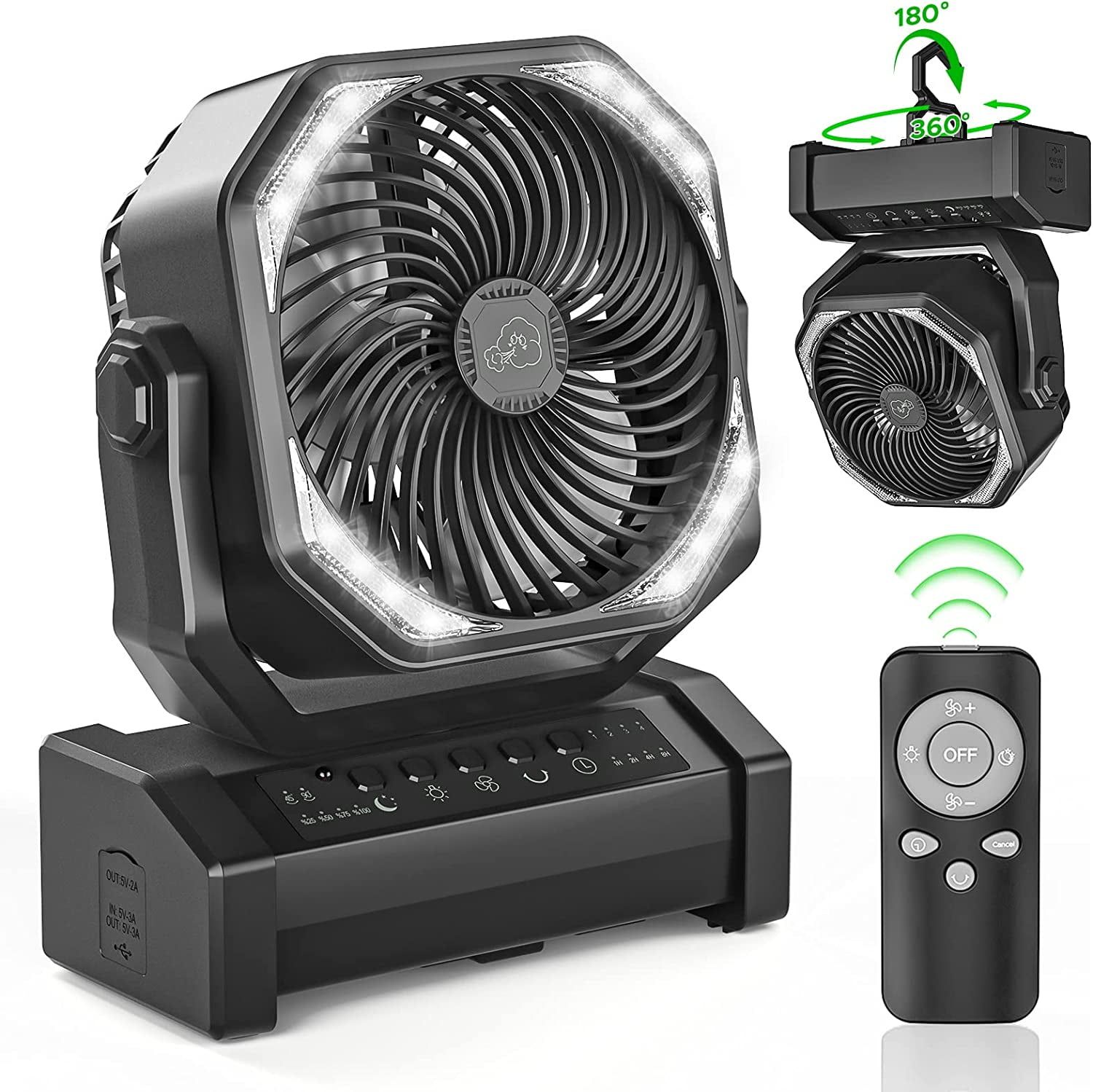 Black Remote Controlled Battery Powered Oscillating Desk Fan with LED Light