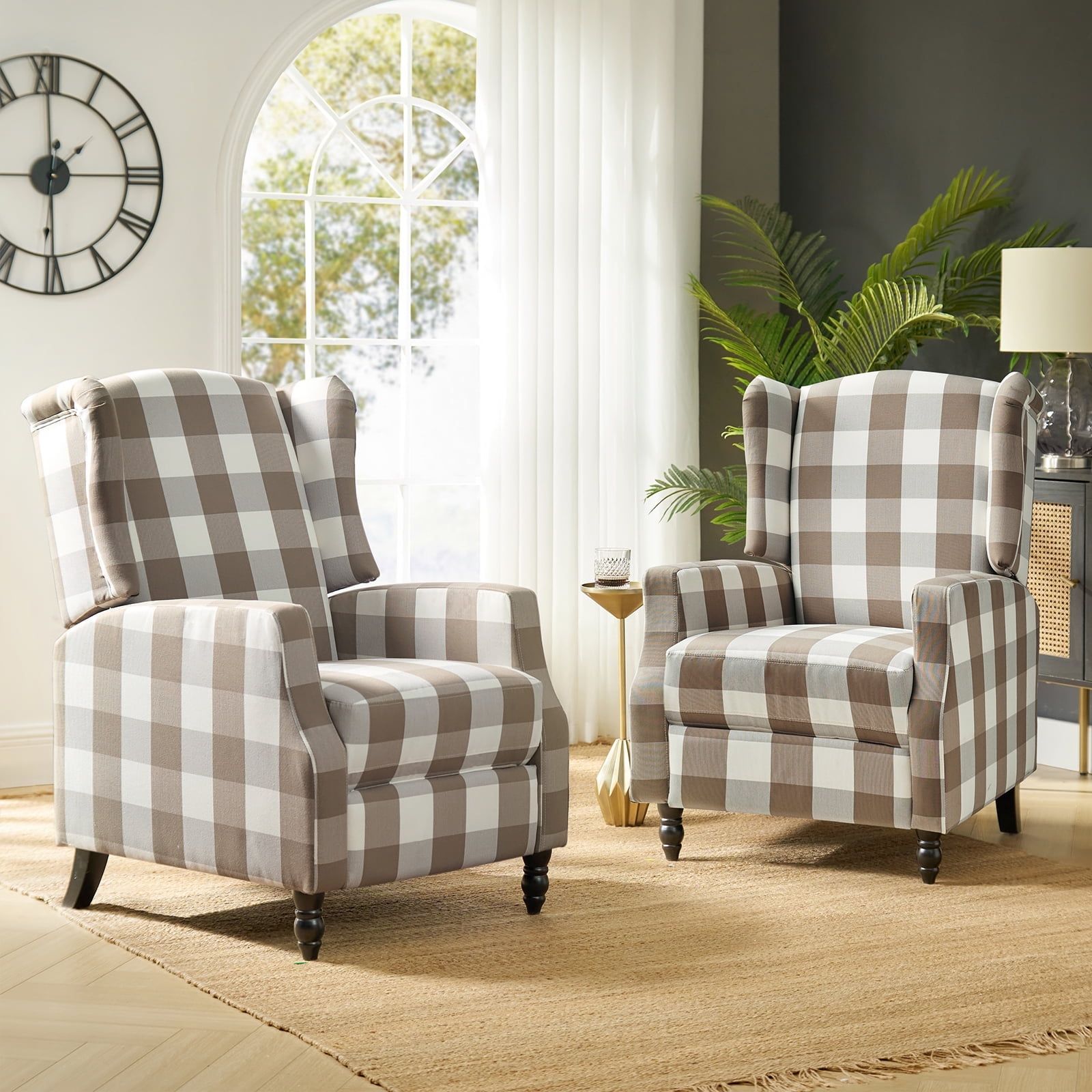 Beige Plaid Upholstered Wingback Recliner Set with Wood Legs