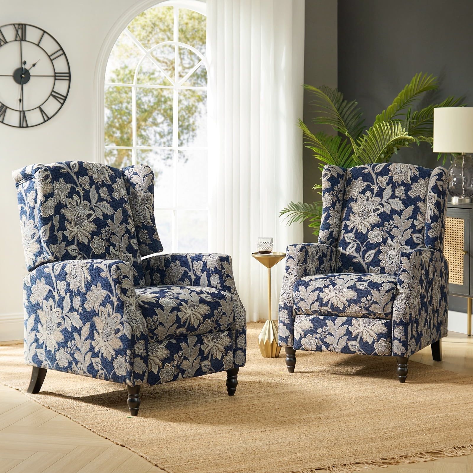 Garden Blue Floral Upholstered Wingback Recliner Chairs Set of 2
