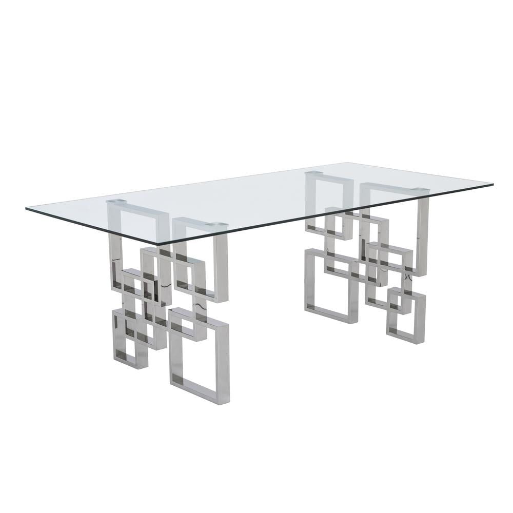 Rectangular Clear Glass Dining Set with Silver Stainless Steel Base