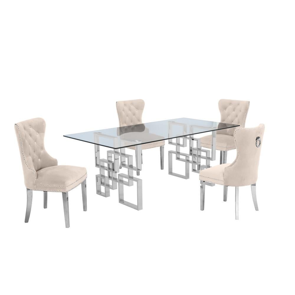 Beige Velvet and Clear Glass 5-Piece Dining Set with Silver Metal Base