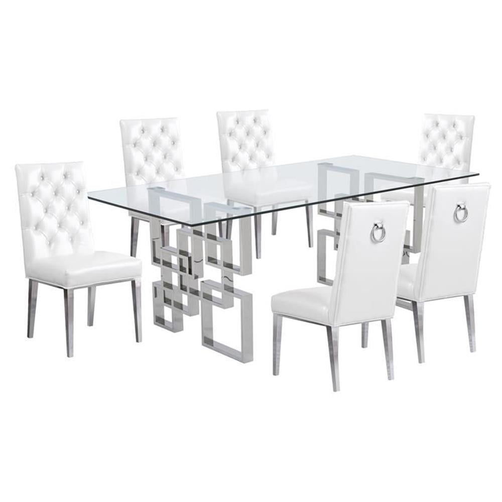 Rectangular Clear Glass 7-Piece Dining Set with White Faux Leather Chairs