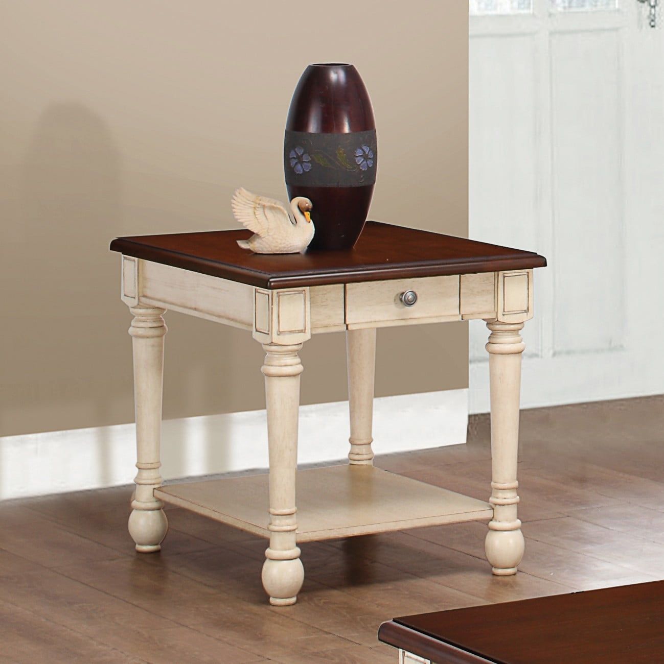 Transitional White and Brown Rectangular End Table with Storage