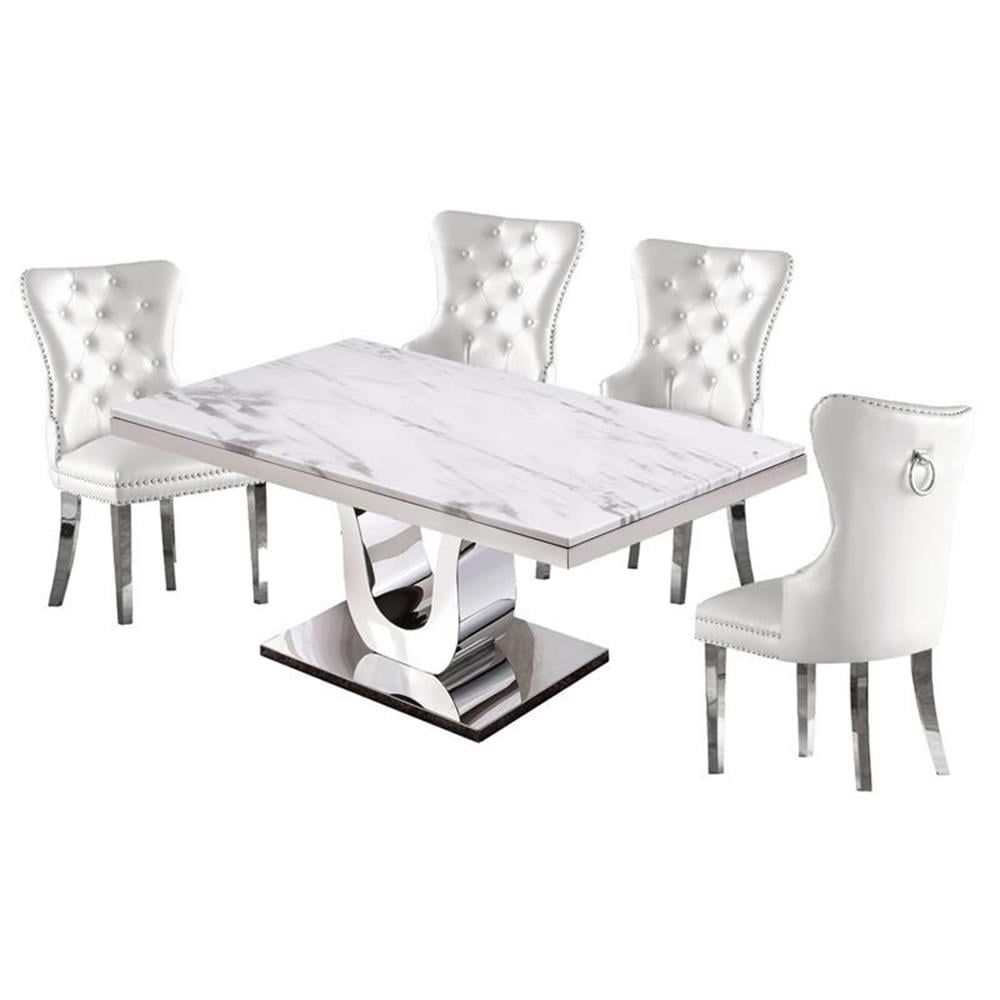 Rectangular White Marble Dining Set with Faux Leather Chairs