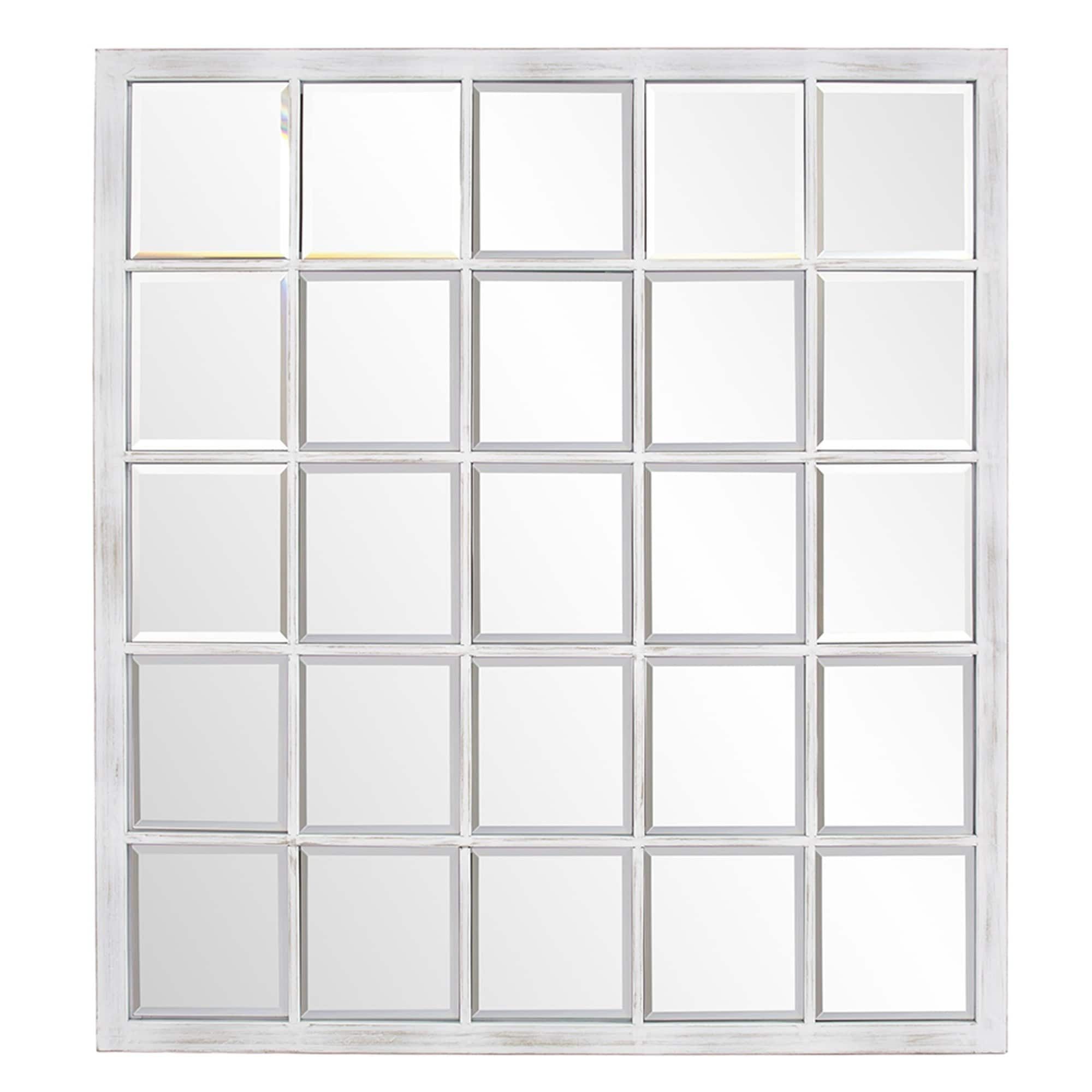 Rectangular Whitewash Window Pane Tile Mirror with Metal Frame