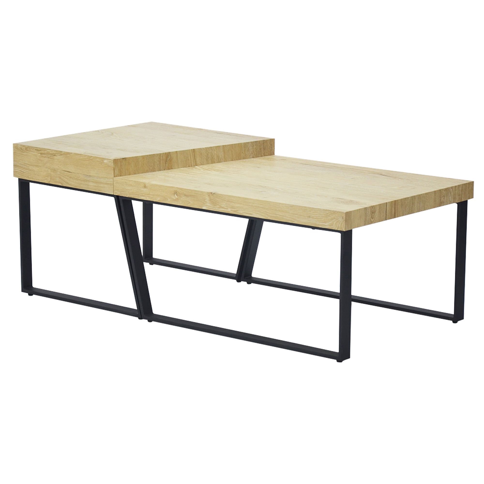 Oak Brown Rectangular Coffee Table with Black Metal Frame and Storage