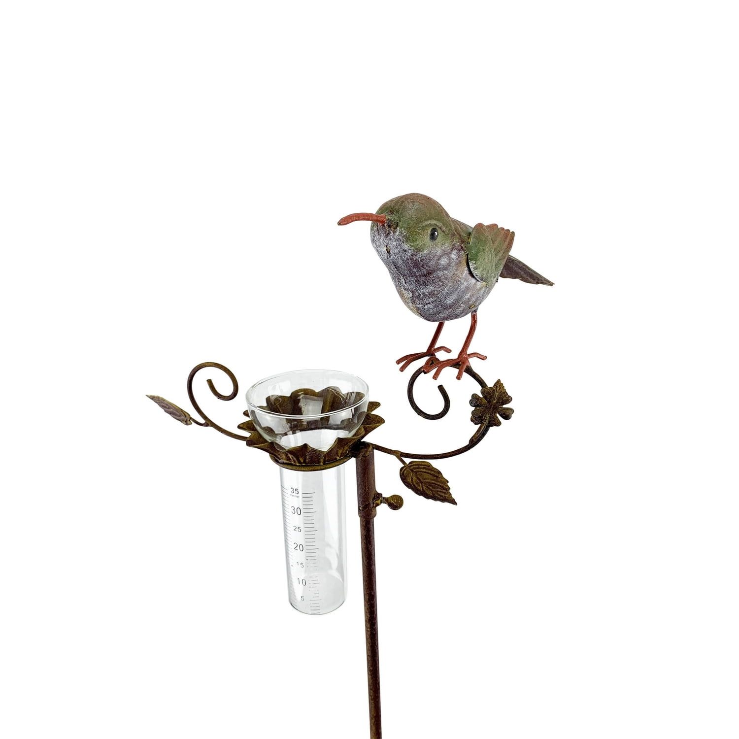 Rustic Metal Hummingbird Rain Gauge with Glass Tube