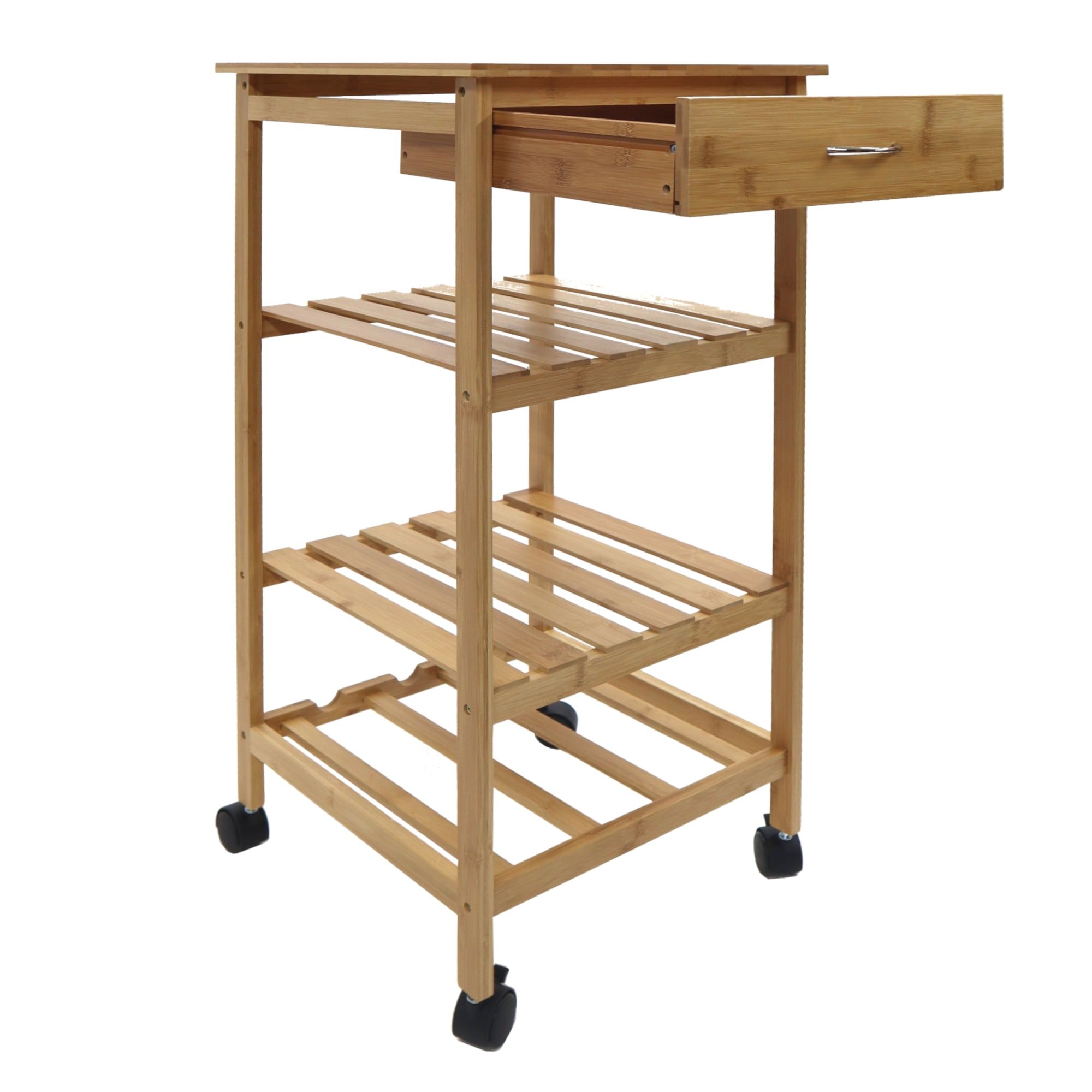 Bamboo Square Kitchen Cart with Wine Rack and Storage Shelves