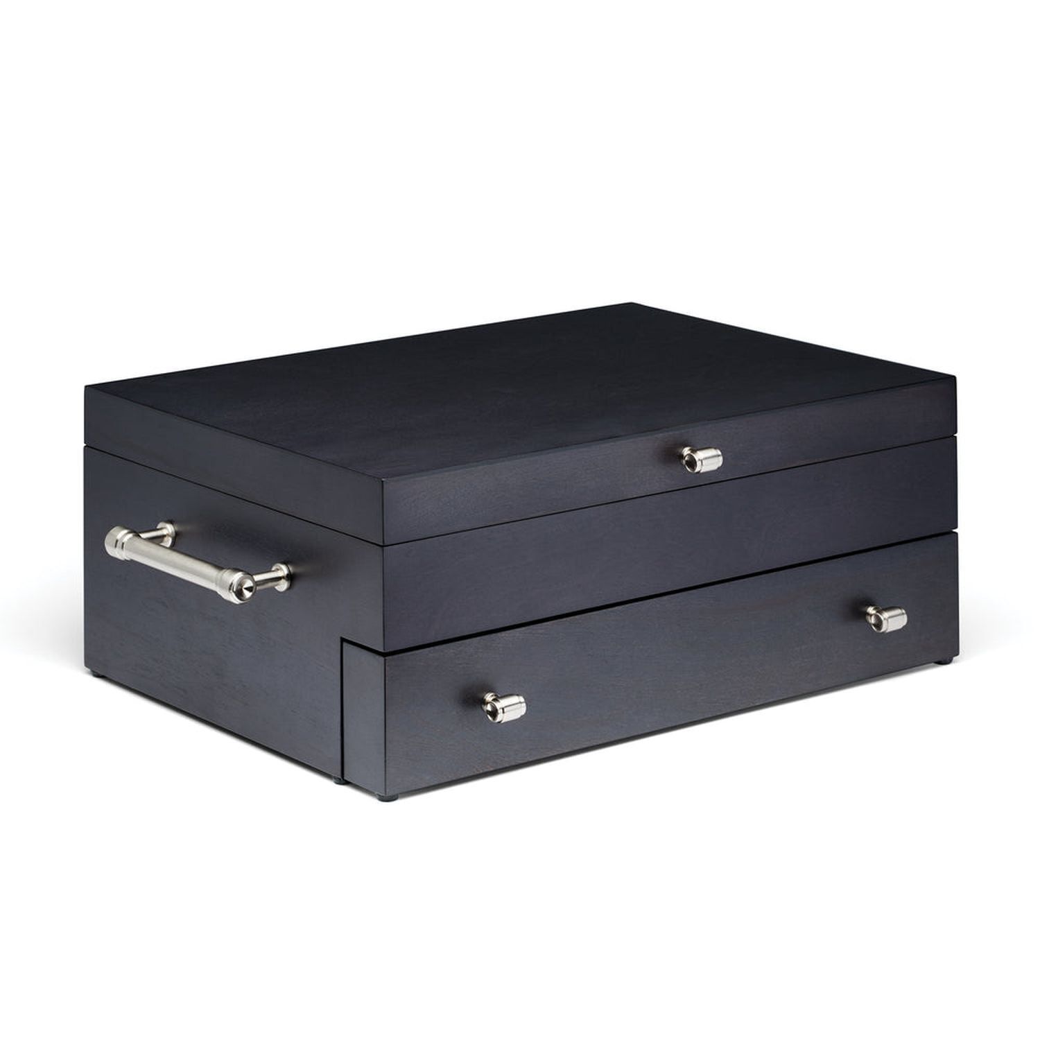 Charcoal Wood Flatware Chest with Silver Knobs and Cloth Lining