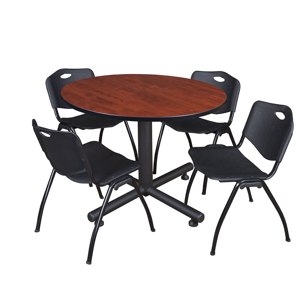 Kobe 48" Round Cherry Table with 4 Black Metal Chairs