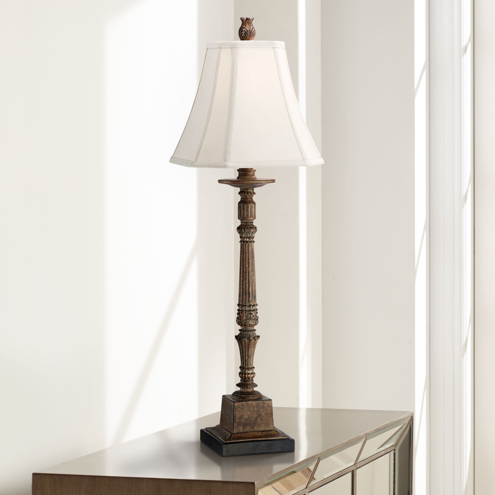 Thornewood Crackled Brown Candlestick Console Table Lamp with Beige Shade