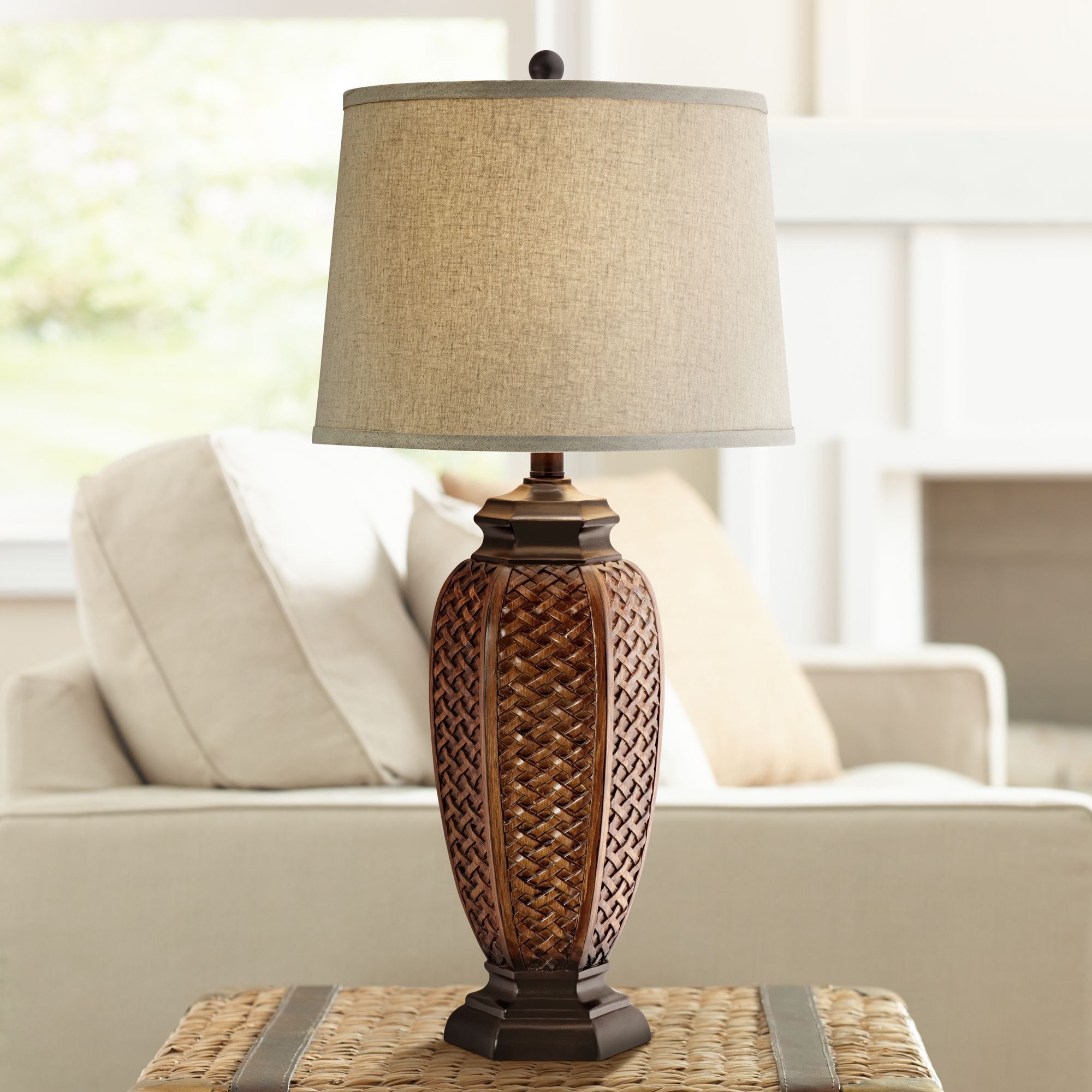 Black Wicker Pattern Table Lamp with Beige Linen Shade