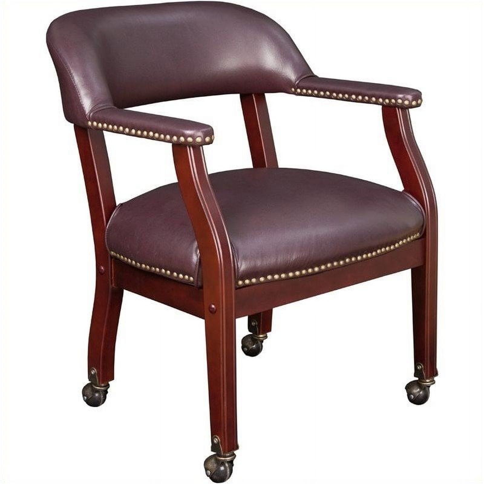 Elegant Burgundy Vinyl and Mahogany Wood Reception Chair with Fixed Arms